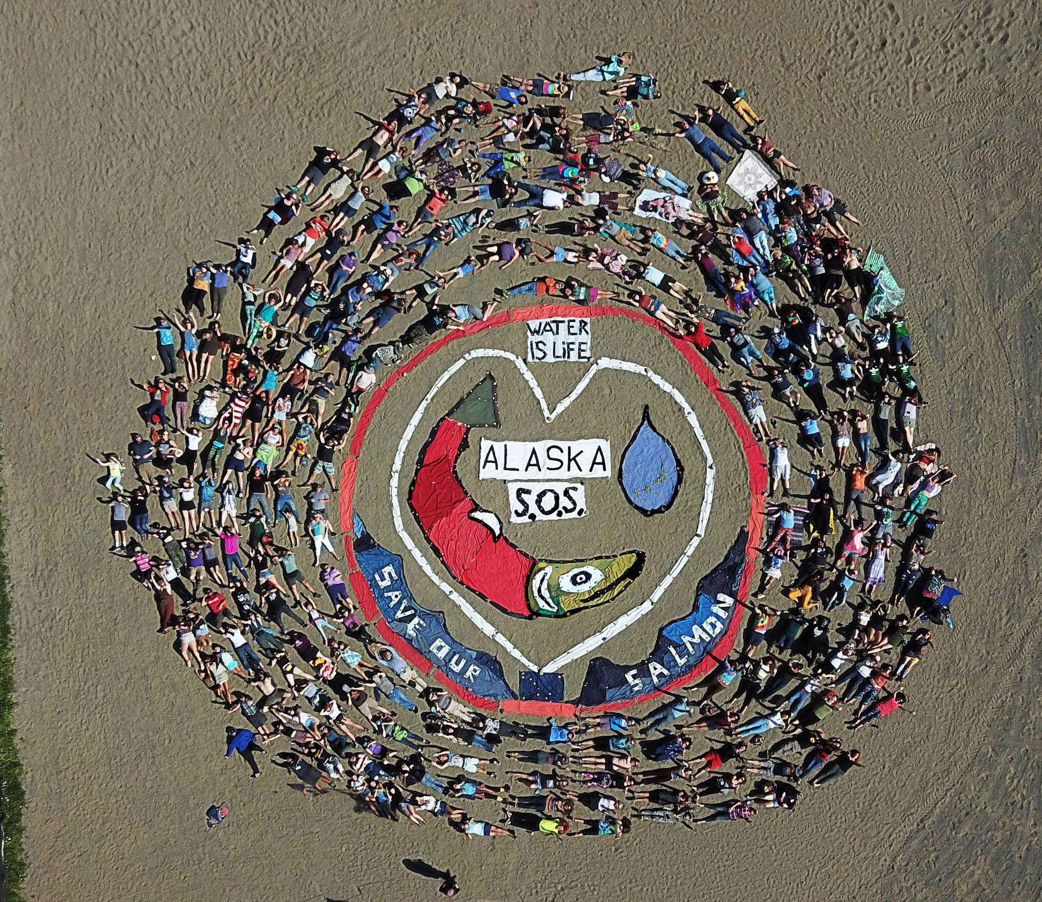 Salmonfest attendees participate in the annual art installation by Homer artist and activist Mavis Muller on Saturday, Aug. 3, 2019 at Salmonfest in Ninilchik, Alaska. The message of this year’s art piece was “S.O.S.” or “Save our salmon.” (Photo by Brandon Hill)