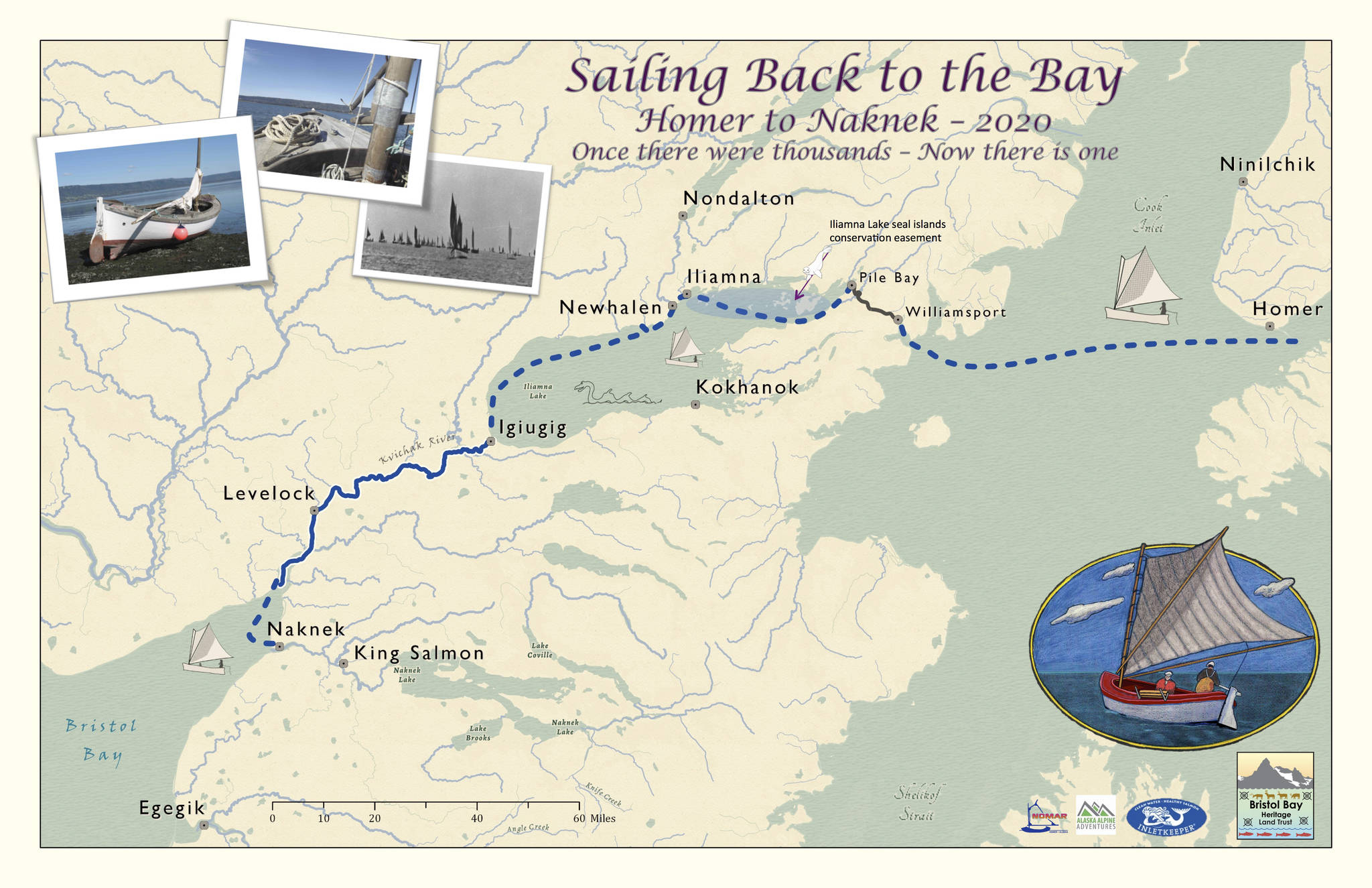 Leaving Homer during July 4, 2020, celebrations, the LML 144, a Bristol Bay sailboat once used for commercial fishing, will follow a decades-old route back to the bay, as shown here on a map showing its proposed voyage. (Map courtesy of Tim Troll)