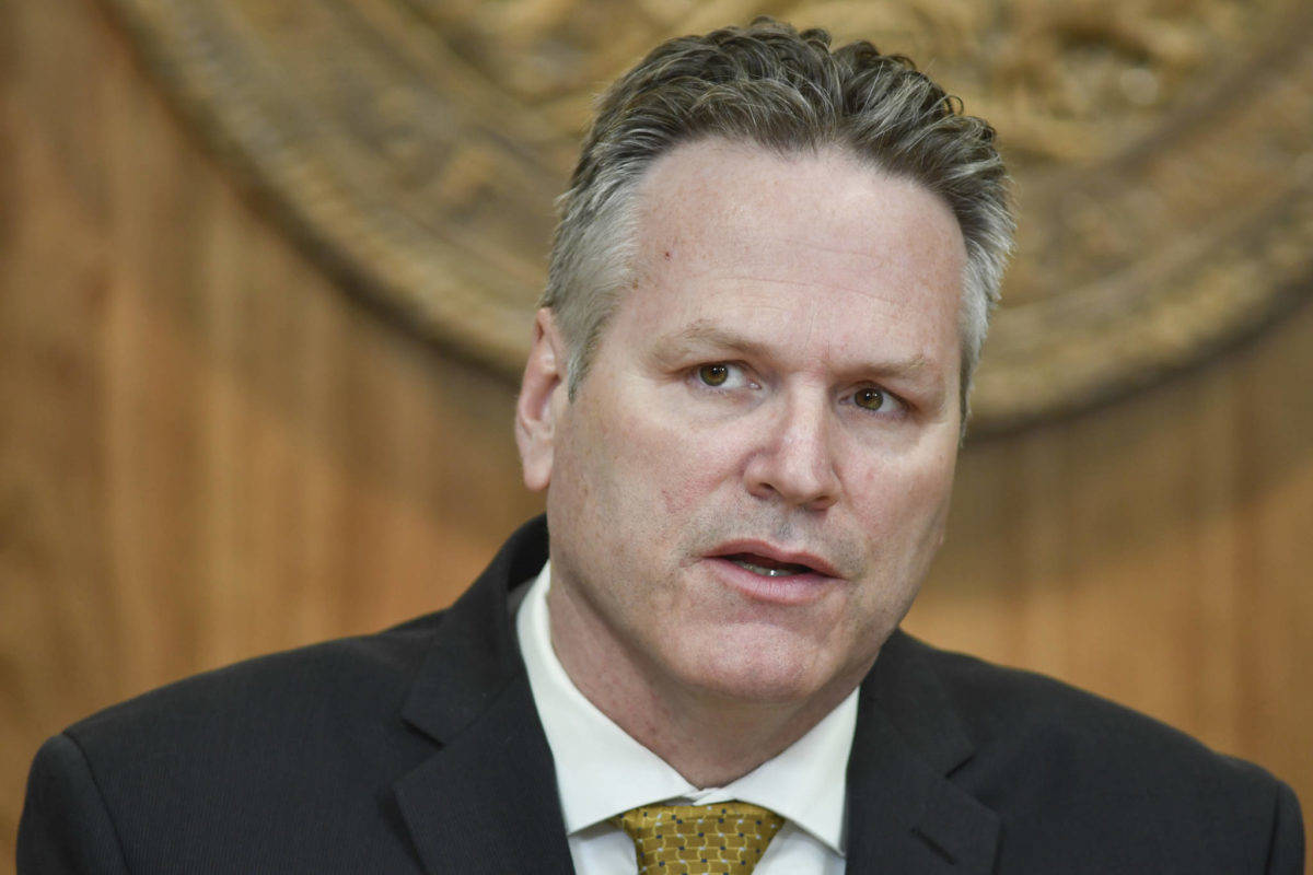 Michael Penn | Juneau Empire File                                 Gov. Mike Dunleavy speaks during a press conference at the Capitol on April 9, 2019.