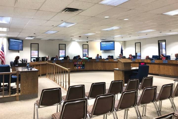 The Kenai Peninsula Borough School District Board of Education meets to discuss school safety during a work session Monday in Soldotna. (Photo by Victoria Petersen/Peninsula Clarion)