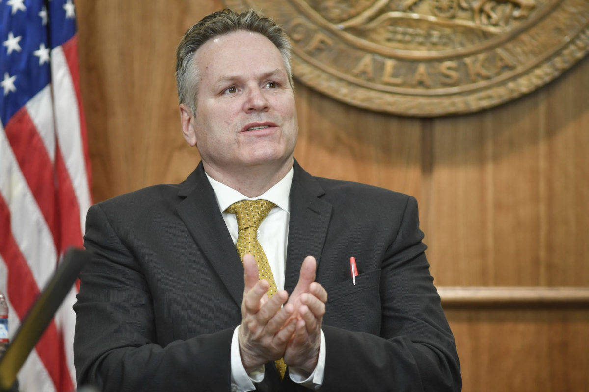 In this Tuesday, April 9, 2019 photo, Gov. Mike Dunleavy speaks during a press conference at the Capitol. (Michael Penn | Juneau Empire File)