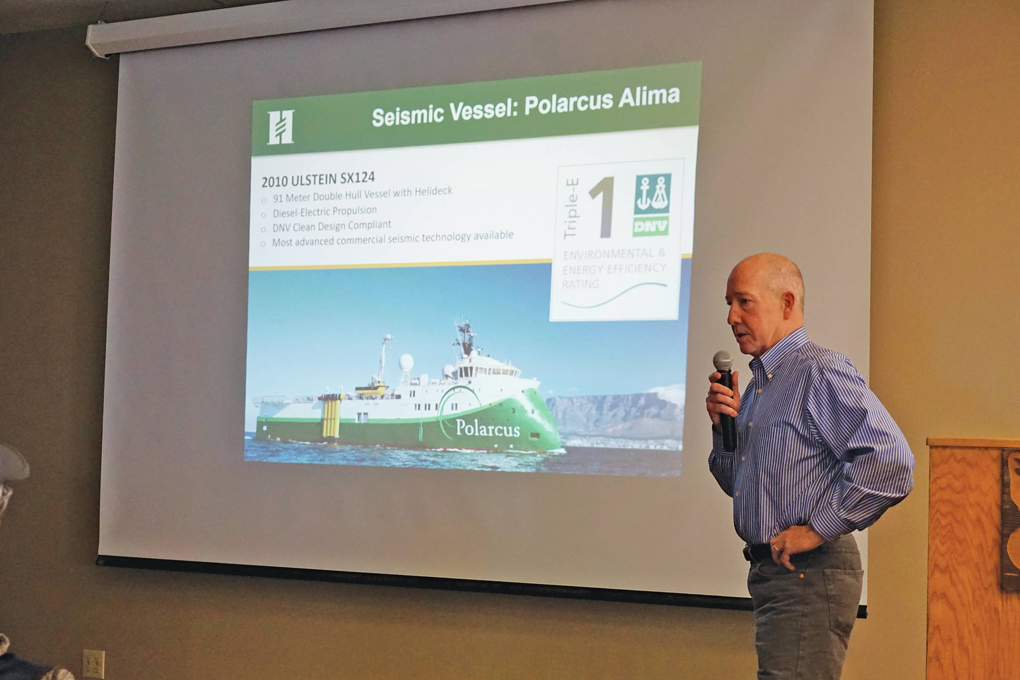 Mike Dunn, Hilcorp operations manager, speaks about upcoming seismic testing in lower Cook Inlet at a meeting on Friday, Aug. 23, 2019, at Land’s End Resort in Homer, Alaska. (Photo by Michael Armstrong/Homer News)