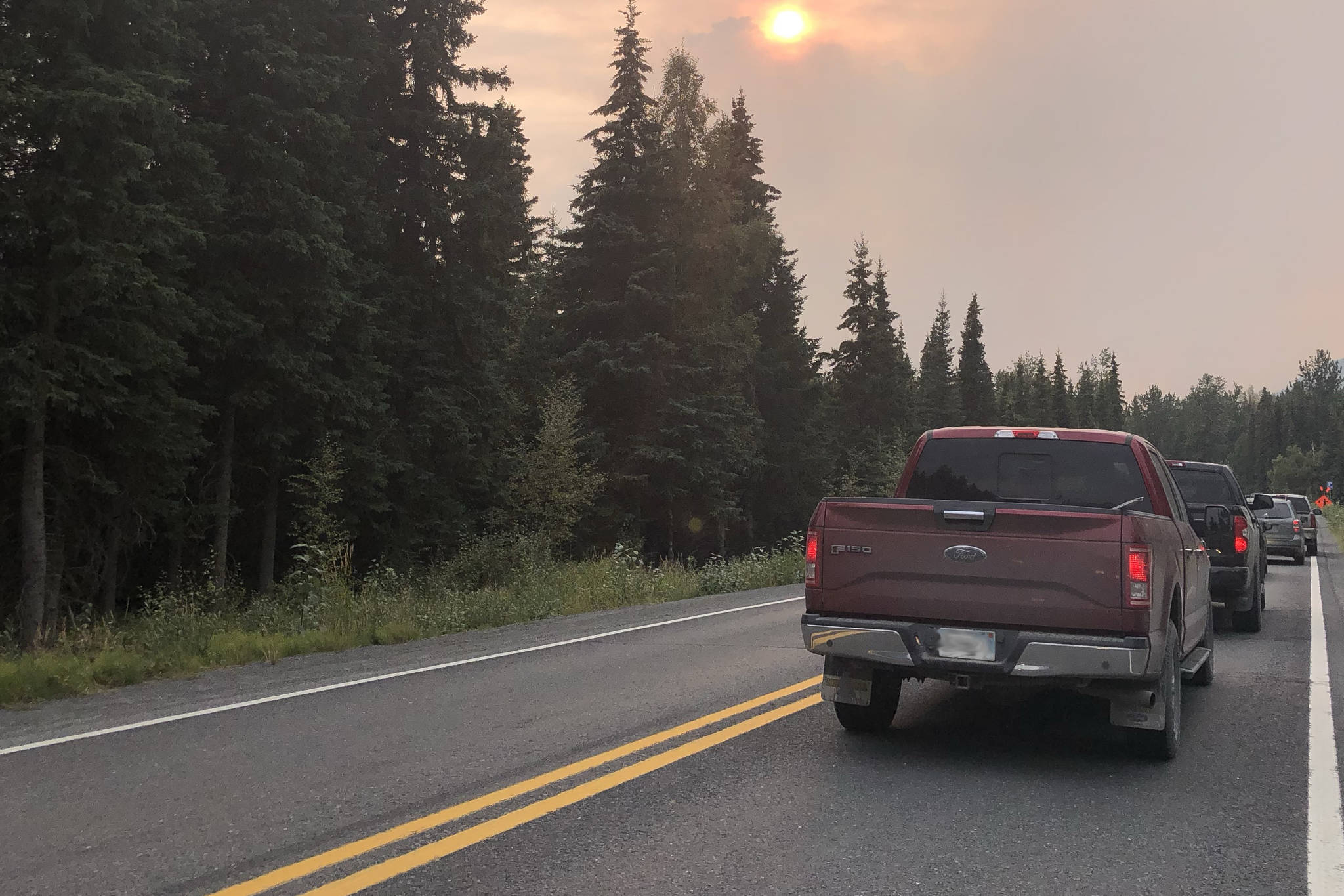 Traffic is backed up along the Sterling Highway after the proximity of the Swan Lake Fire caused a road closure on Aug. 19, 2019. (Photo by Victoria Petersen/Peninsula Clarion)