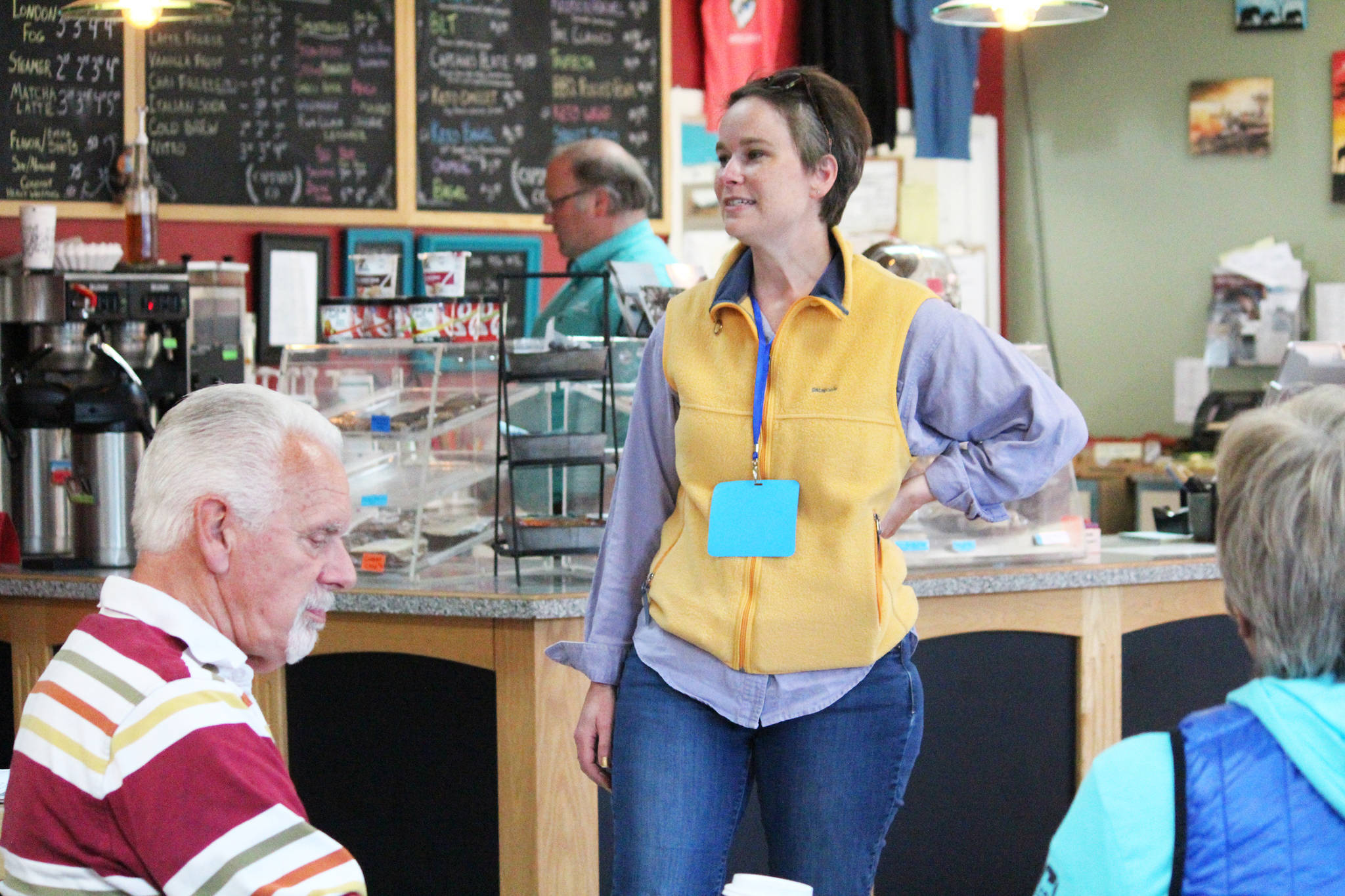 Rep. Sarah Vance (R-Homer) addresses a crowd of people during a legislative update meeting Thursday, Aug. 29, 2019 at Captain’s Coffee in Homer, Alaska. (Photo by Megan Pacer/Homer News)