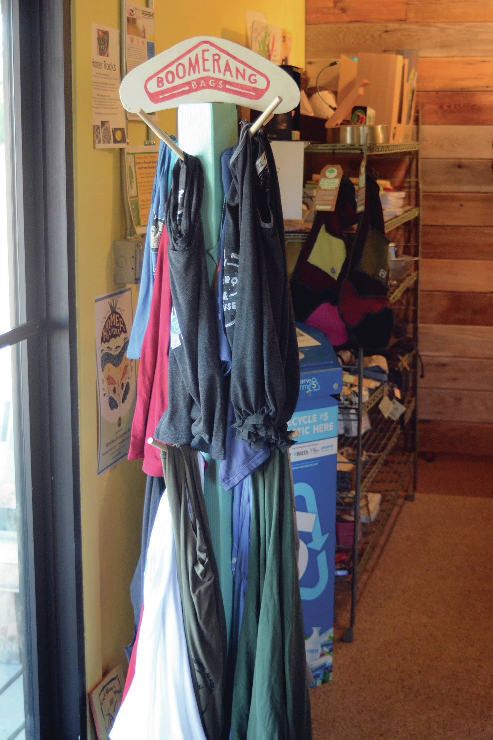 A display of Boomerang Bags is available at Sustainable Wares on Ocean Drive in Homer, Alaska. Store owner Karen West said on Sept. 25, 2018 that people have been regularly using the bags. (Photo by Michael Armstrong/Homer News)