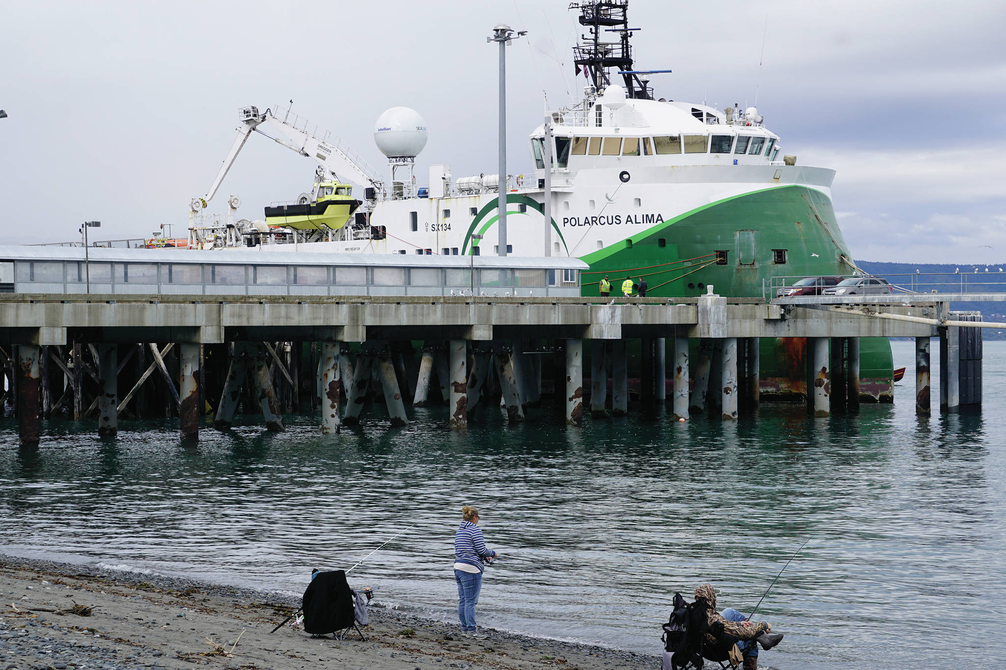 The Polarcus Alima is moored at the Pioneer Dock on the Homer Spit on Monday, Sept. 9, in Homer. The seismic exploration vessel will be used under contract to Hilcorp to do seismic testing in federal waters of lower Cook Inlet in September. (Photo by Michael Armstrong/Homer News)