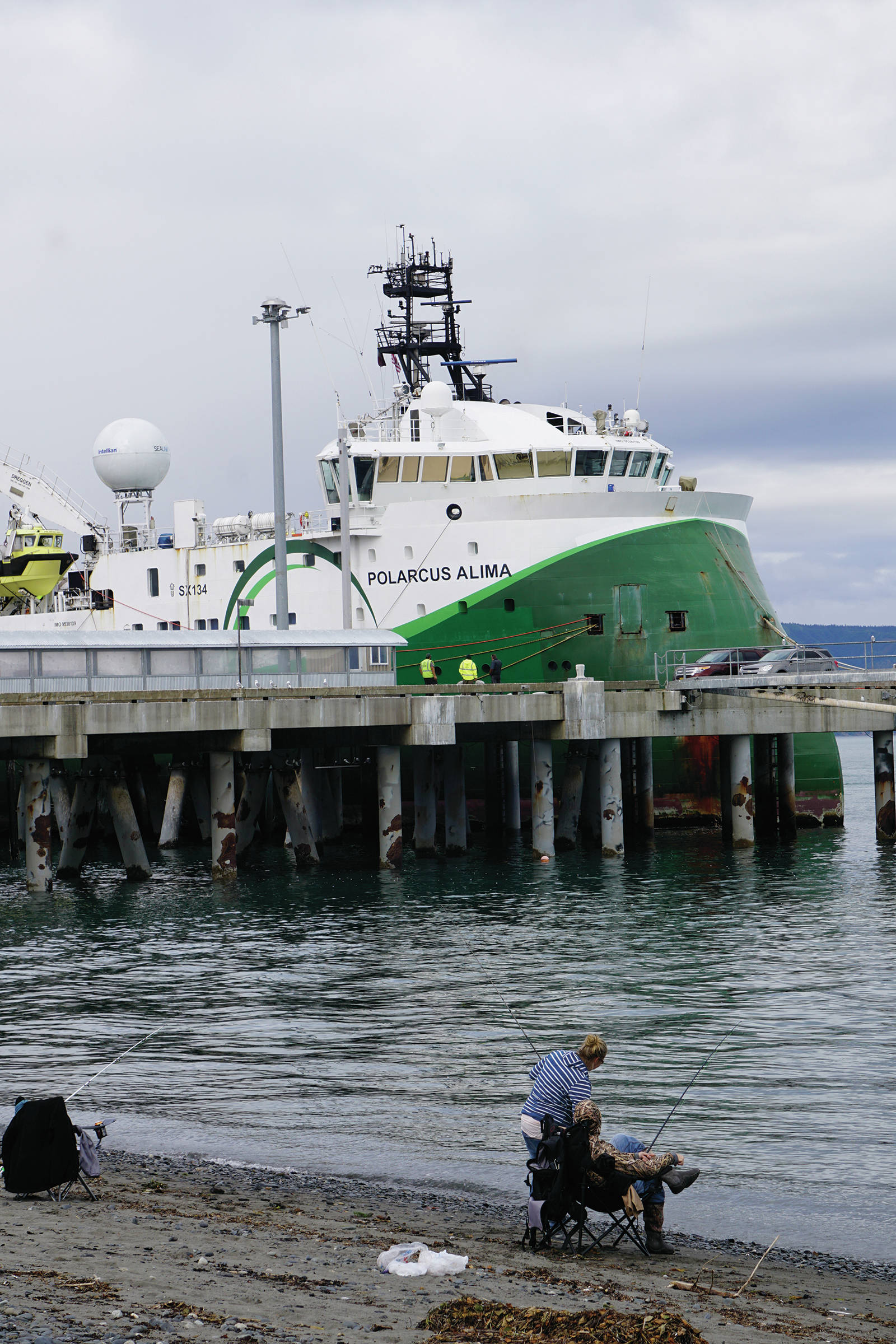 The Polarcus Alima is moored at the Pioneer Dock on the Homer Spit on Monday, Sept. 9, 2019, in Homer, Alaska. The seismic exploration vessel will be used under contract to Hilcorp to do seismic testing in federal waters of lower Cook Inlet in September. (Photo by Michael Armstrong/Homer News)
