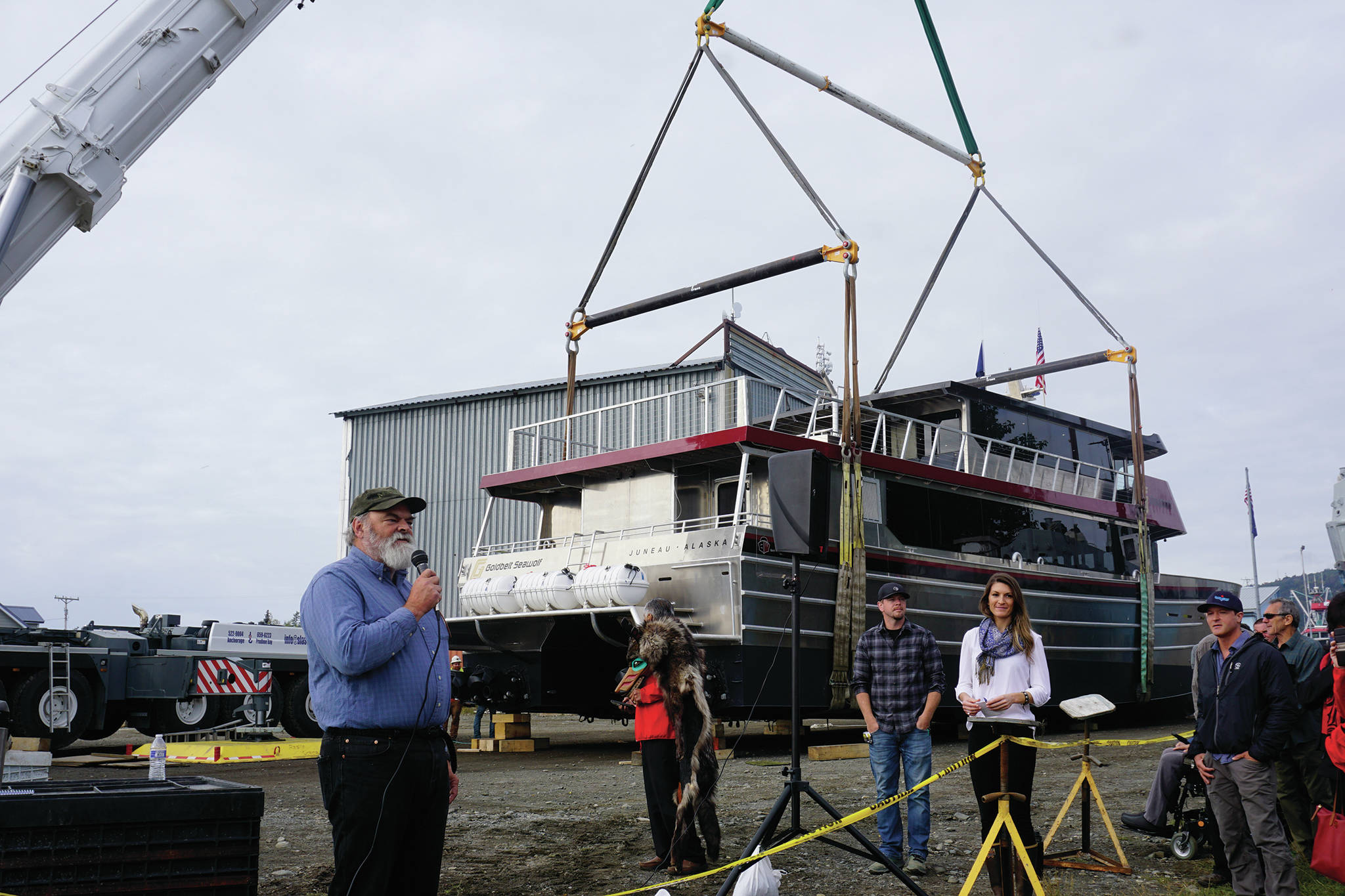 Homer Mayor Ken Castner speaks at the launch of the Goldbelt Seawolf on Tuesday, Sept. 10, 2019, at the Northern Enterprises Boatyard in Homer, Alaska. (Photo by Michael Armstrong/Homer News)