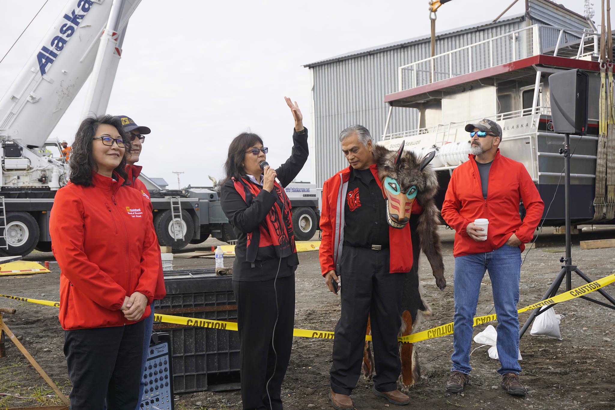 Katherine Eldemar, vice-chair of the board of directors of Goldbelt Inc., speaks at the launch of the Goldbelt Seawolf on Tuesday, Sept. 10, 2019, at the Northern Enterprises Boatyard in Homer, Alaska. (Photo by Michael Armstrong/Homer News)