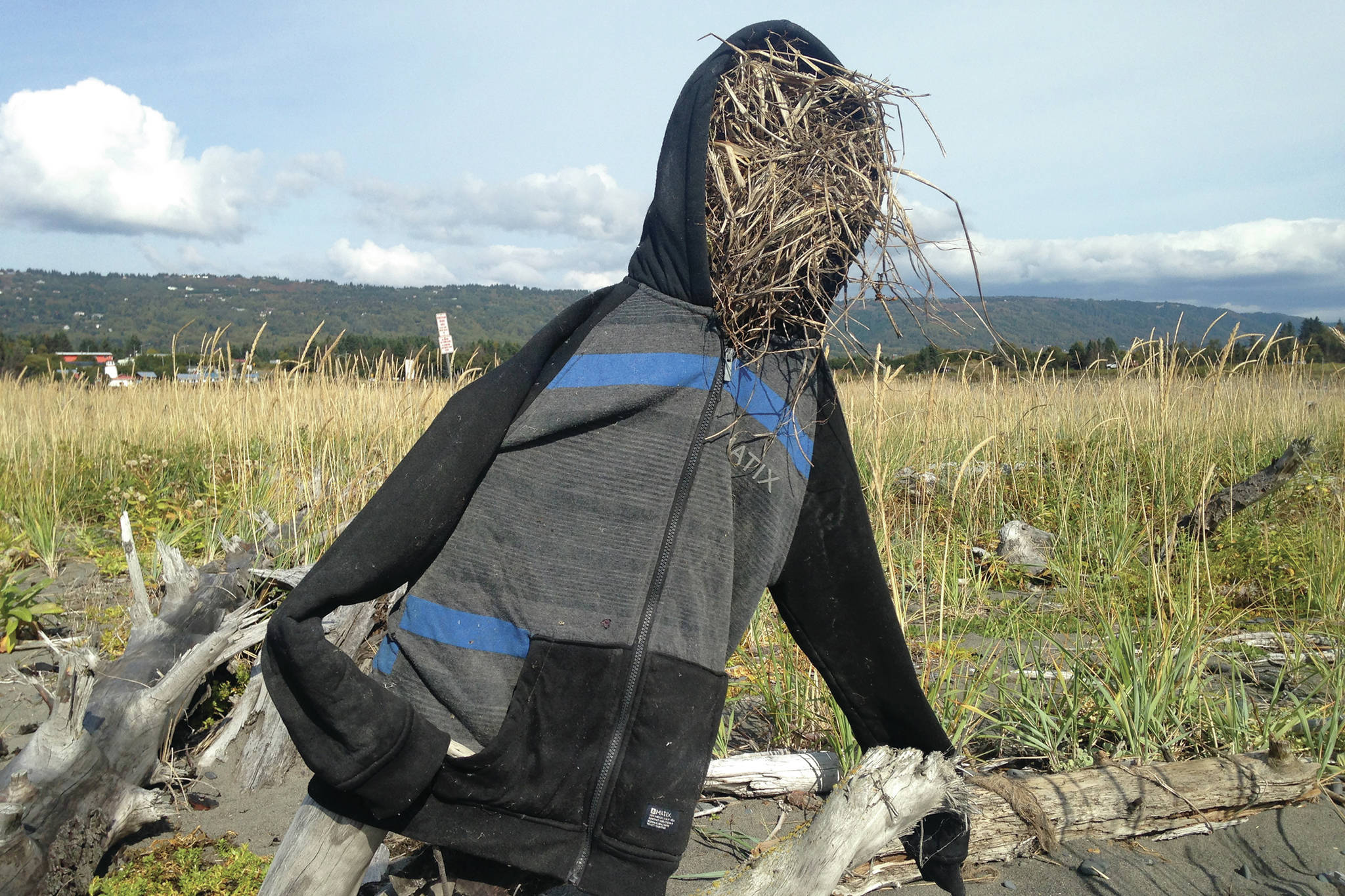 Straw man Someone stuffed with grass a coat that washed up on the Homer Spit beach on Thursday, Sept. 5, 2019, in Homer, Alaska. No crows were observed in the vicinity of the impromptu art. (Photo by Michael Armstrong/Homer News)