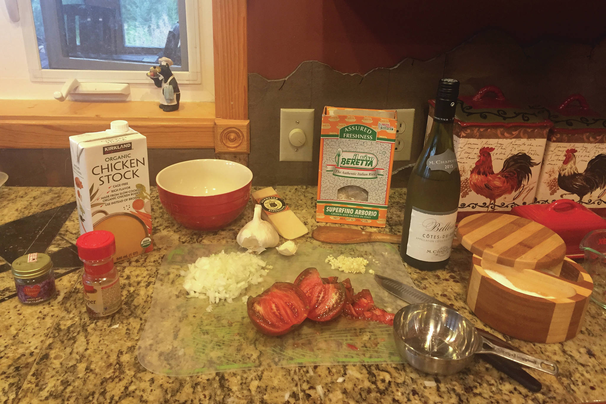 Tomato Risotto takes time to make, but the preparation can be therapeutic. The ingredients include fresh tomatoes grown in a Homer high tunnel, as seen here in Teri Robl’s kitchen in this photo taken on Sept. 17, 2019, in Homer, Alaska. (Photo by Teri Robl)
