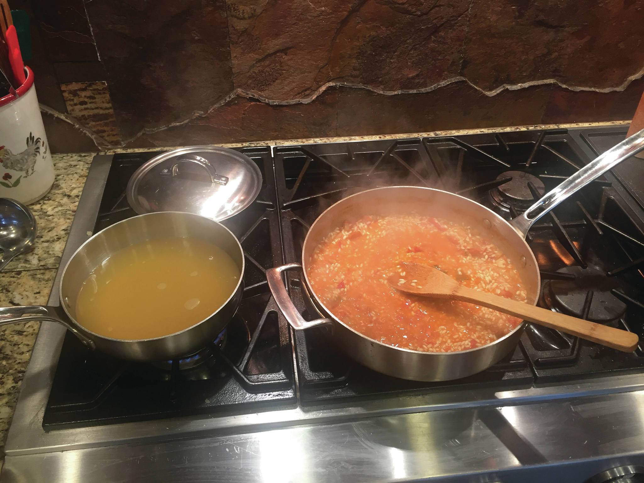 Tomato Risotto takes time to make, but the preparation can be therapeutic, as seen here in Teri Robl’s kitchen in this photo taken on Sept. 17, 2019, in Homer, Alaska. (Photo by Teri Robl)