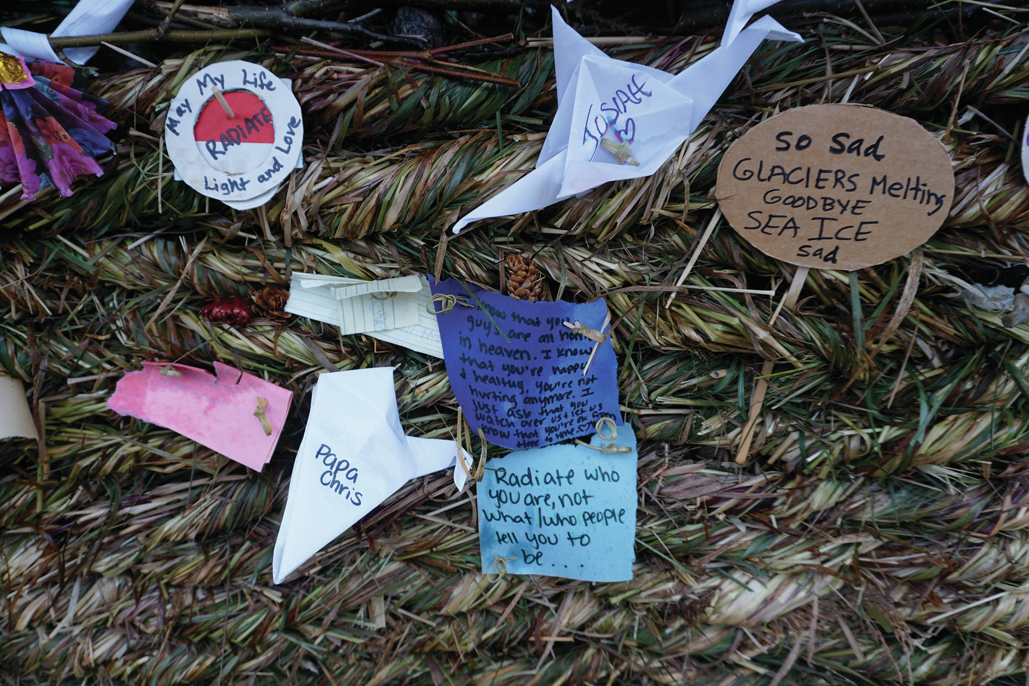 Some of the messages on “Radiate,” the 16th annual Burning Basket. The basket was burned on Sunday night, Sept. 15, 2019, at Mariner Park on the Homer Spit in Homer, Alaska. (Photo by Michael Armstrong/Homer News)