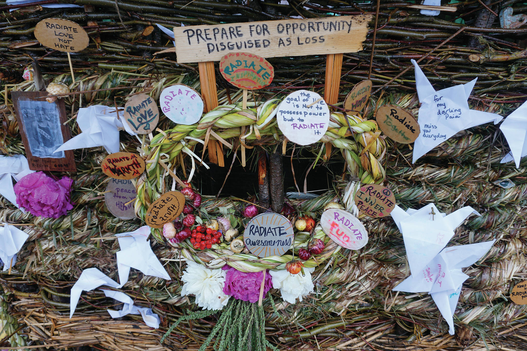 Some of the messages on “Radiate,” the 16th annual Burning Basket. The basket was burned on Sunday night, Sept. 15, 2019, at Mariner Park on the Homer Spit in Homer, Alaska. (Photo by Michael Armstrong/Homer News)