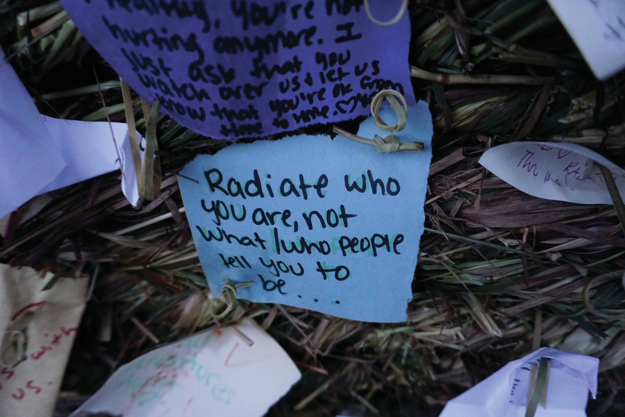 One of the signs on “Radiate,” the 16th annual Burning Basket. The basket was burned on Sunday night, Sept. 15, 2019, at Mariner Park on the Homer Spit in Homer, Alaska. (Photo by Michael Armstrong/Homer News)