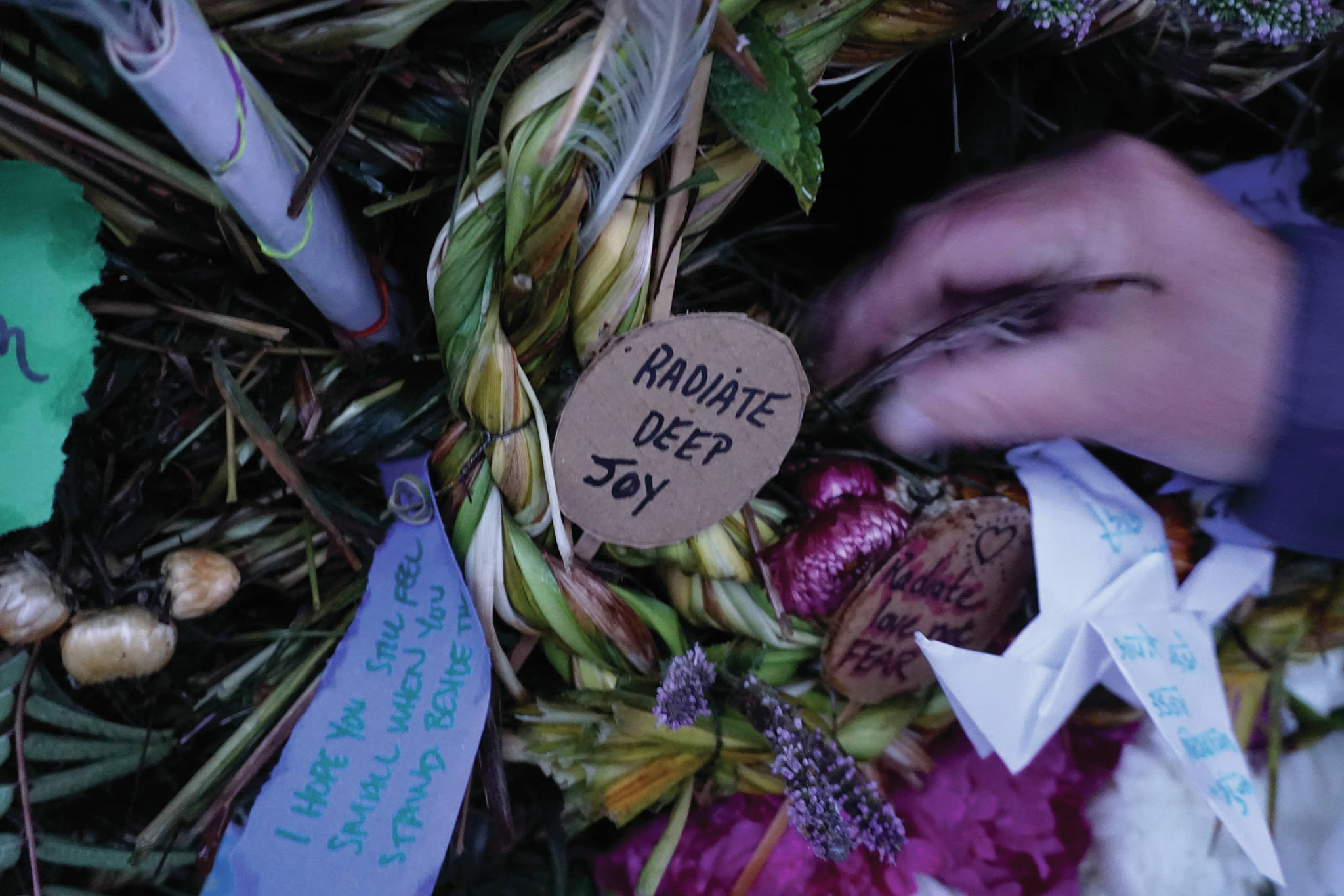 One of the signs on “Radiate,” the 16th annual Burning Basket. The basket was burned on Sunday night, Sept. 15, 2019, at Mariner Park on the Homer Spit in Homer, Alaska. (Photo by Michael Armstrong/Homer News)