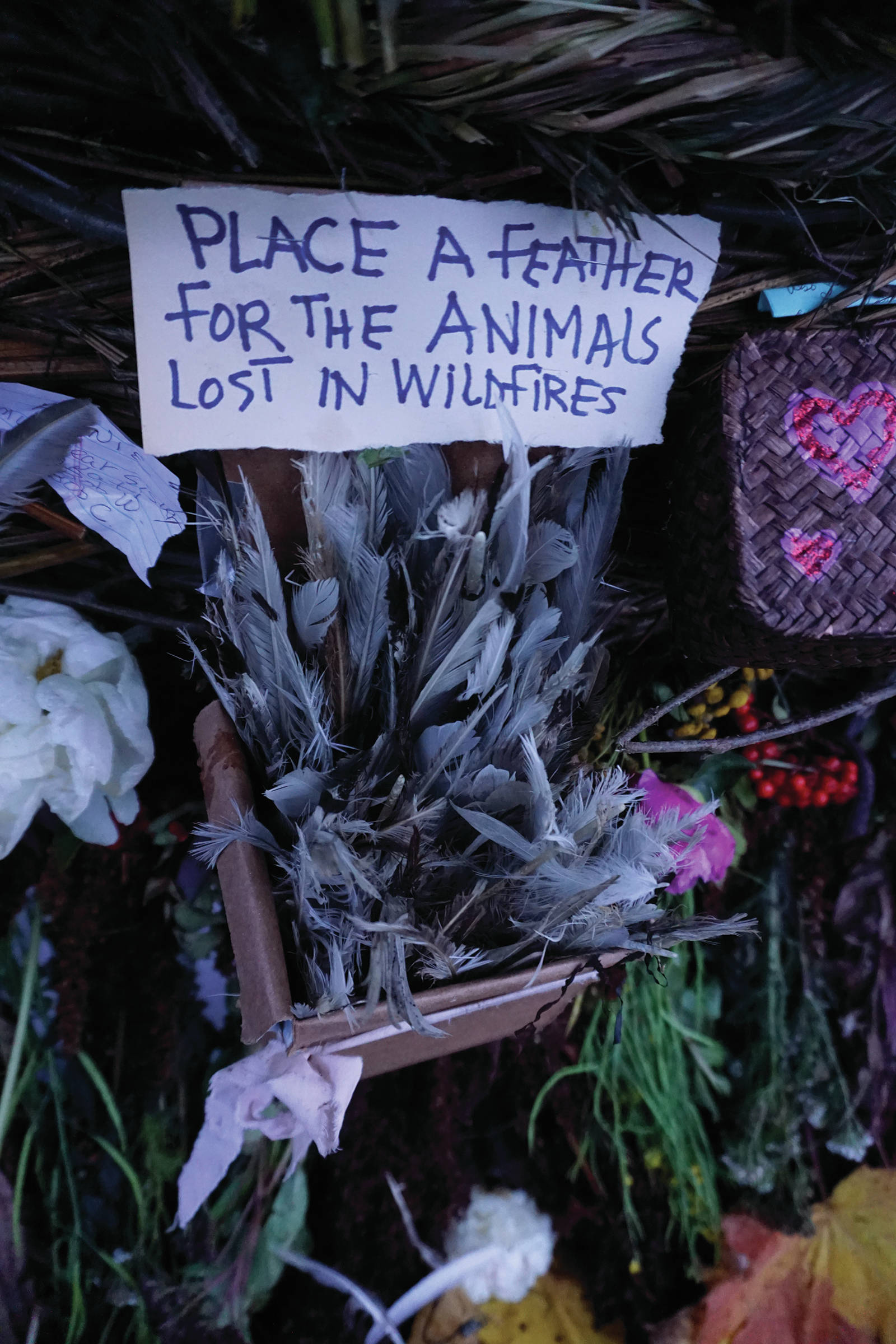 A sign on “Radiate,” the 16th annual Burning Basket, asks participants to place a feather in the basket to honor wild animals lost in the summer 2019 wildlfires. The basket was burned on Sunday night, Sept. 15, 2019, at Mariner Park on the Homer Spit in Homer, Alaska. (Photo by Michael Armstrong/Homer News)