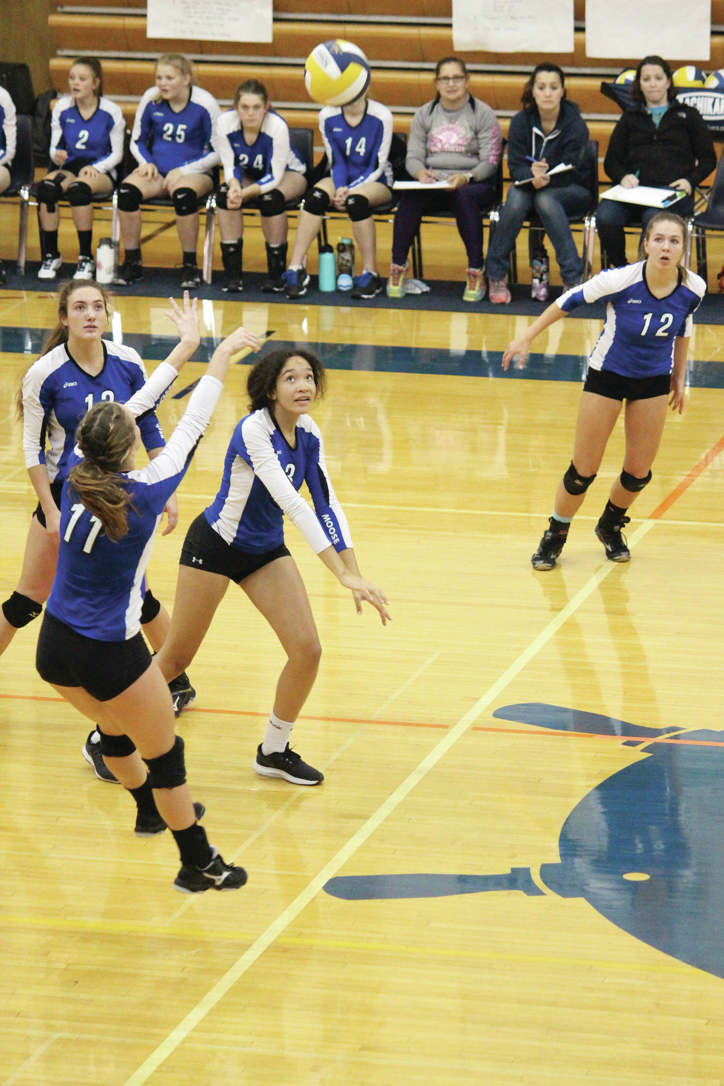 Palmer’s Kelsey Giese sets the ball to teammate Kristen Beames (No. 12) during a Thursday, Sept. 12, volleyball game against Homer High School in the Alice Witte Gymnasium.