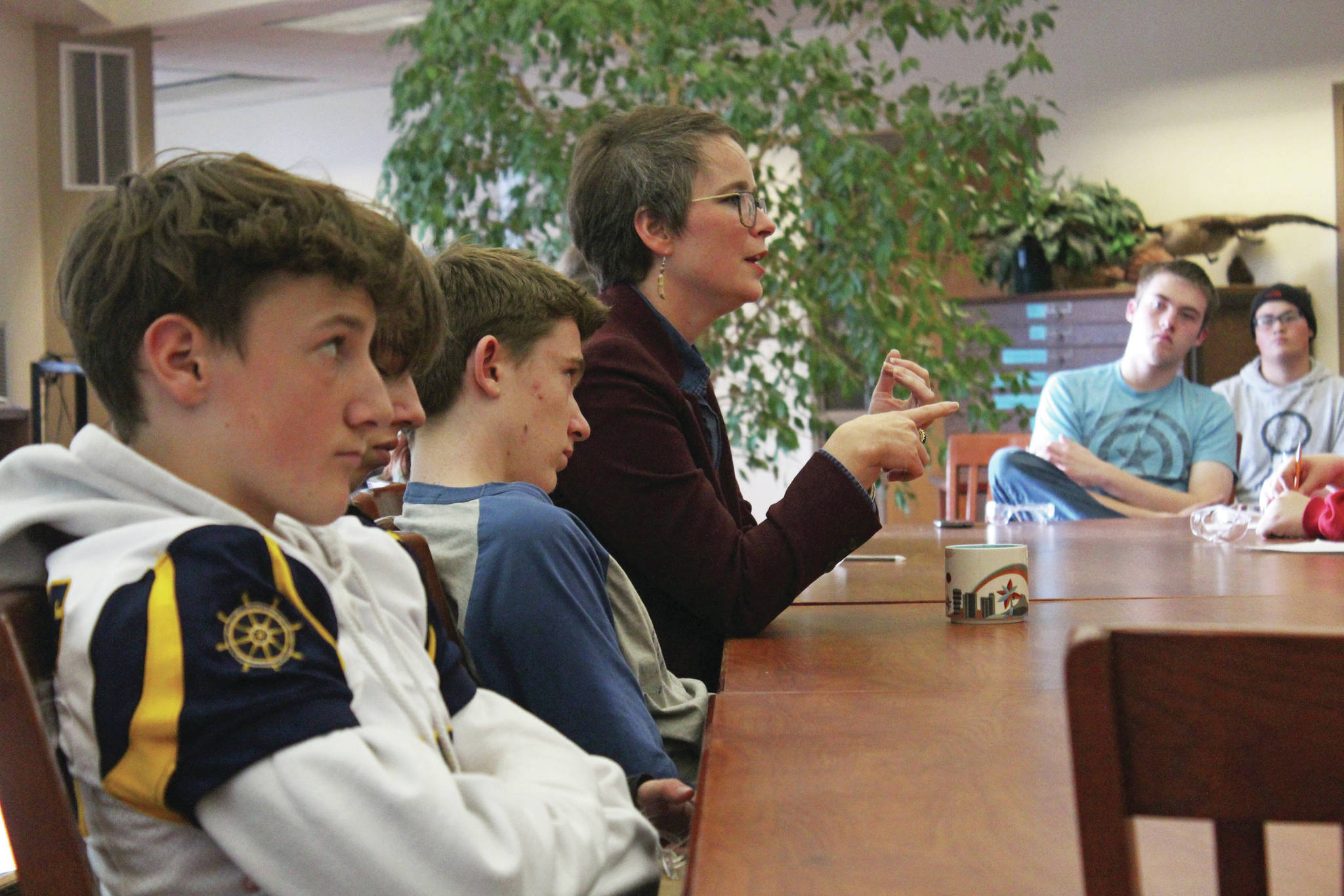 Rep. Sarah Vance (R-Homer) speaks with Homer High School students about the environment and other state issues during one of two listening sessions she held Friday, Sept. 20, 2019 at the school in Homer, Alaska. (Photo by Megan Pacer/Homer News)