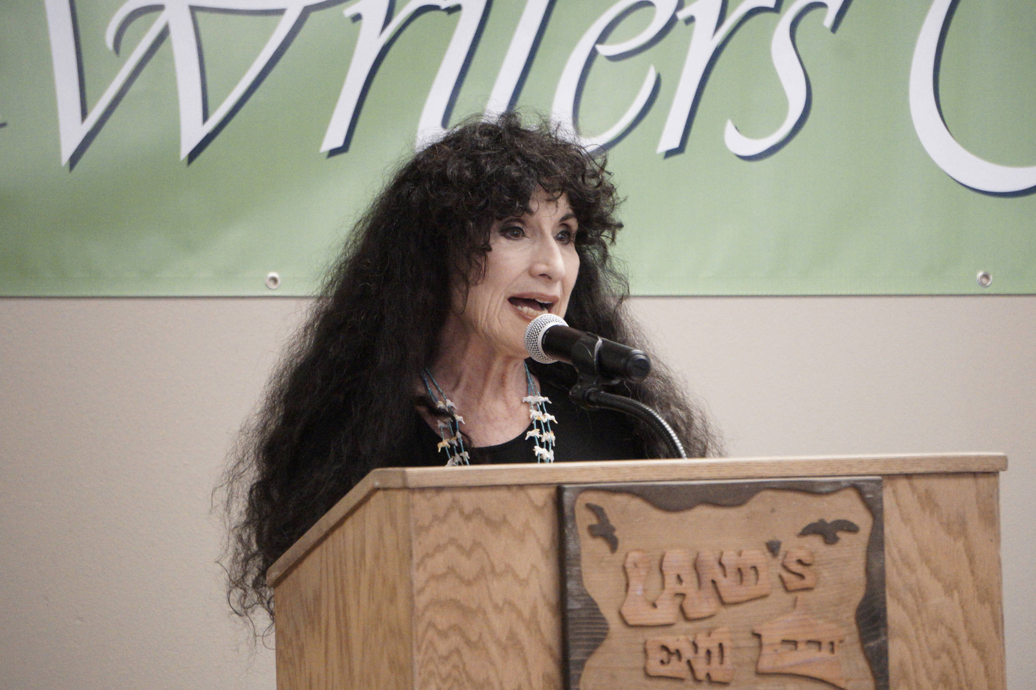 Poet and writer Diane Ackerman delivers the keynote address on June 14, 2019, at the opening of the Kachemak Bay Writers’ Conference at Land’s End Resort, Homer, Alaska. Ackerman spoke about the historical background for her book, “The Zookeeper’s Wife.” (Photo by Michael Armstrong/Homer News)