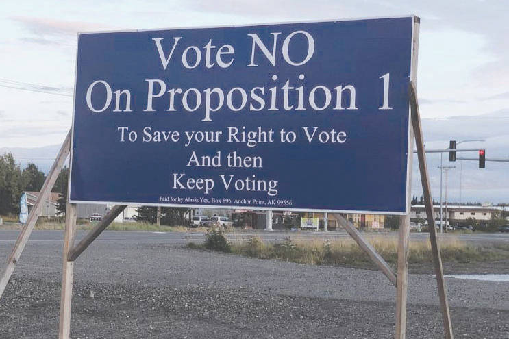 A sign opposing Proposition 1 stands along Kalifornsky Beach Road near Soldotna on Wednesday, Sept. 18. The ads were paid for by AlaskaYes, according to the sign. (Photo by Victoria Petersen/Peninsula Clarion)