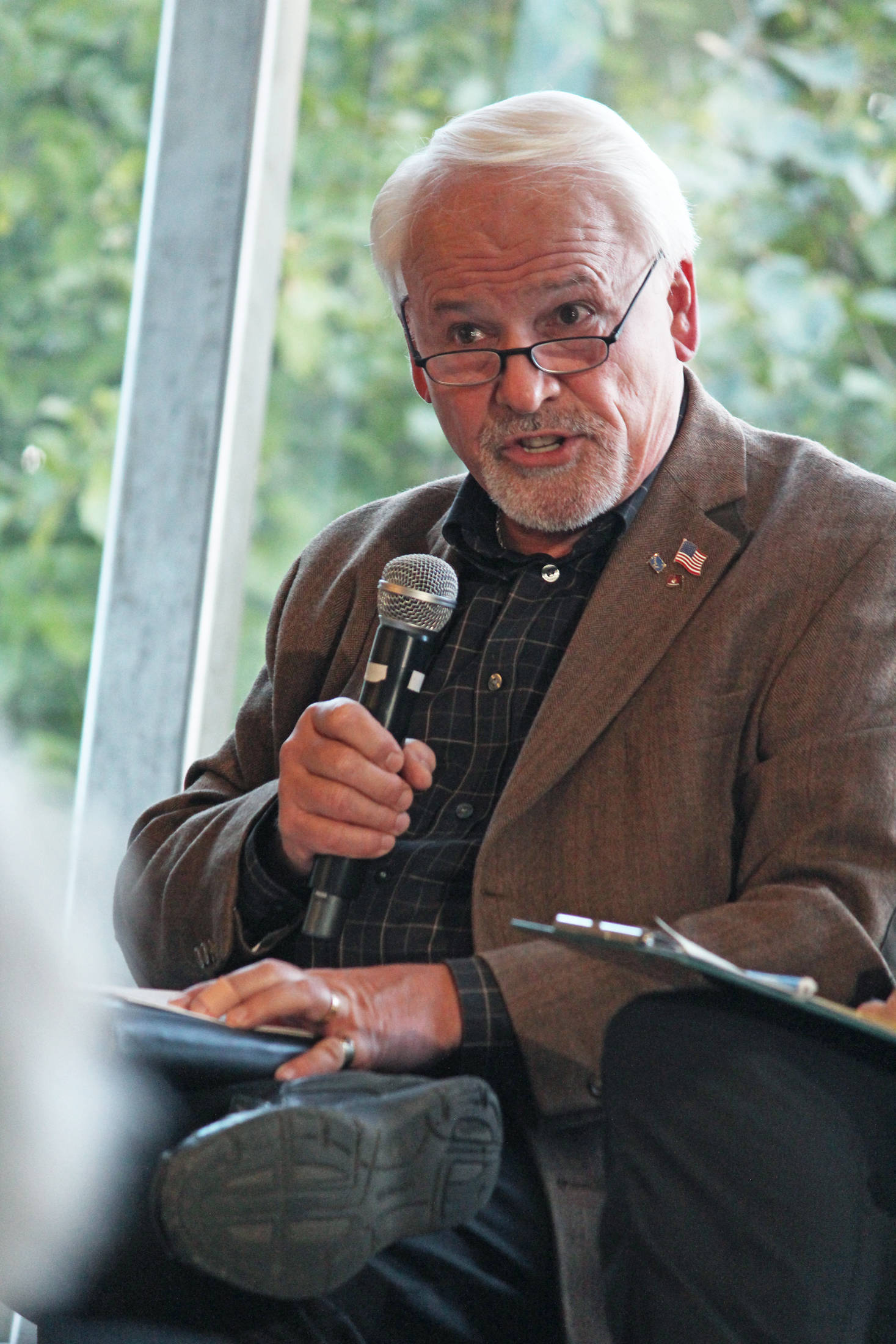 Tom Stroozas, a Homer City Council member who is running for re-election, speaks during a candidate forum Wednesday, Sept. 25, 2019 at the Homer Public Library in Homer, Alaska. (Photo by Megan Pacer/Homer News)