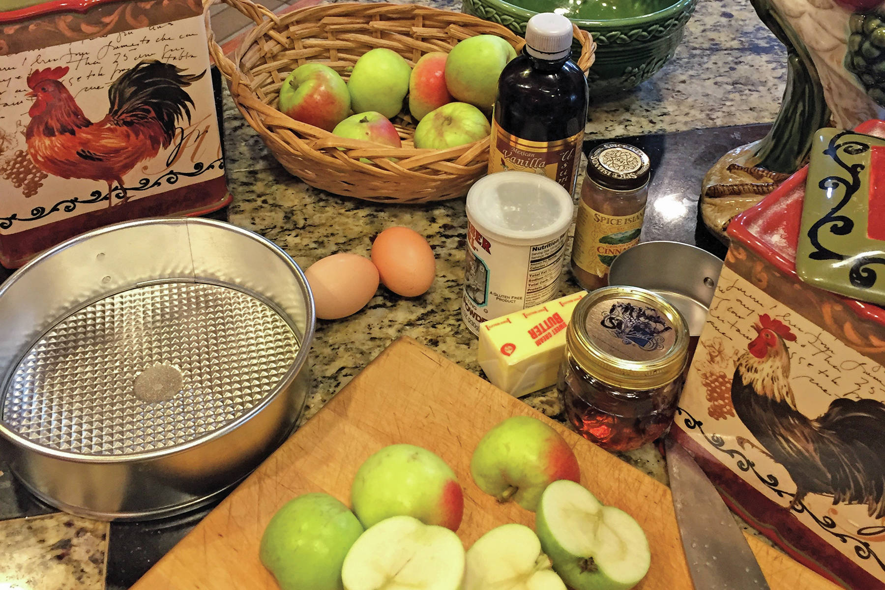 Fresh Homer-grown apples are the main ingredient for Teri Robl’s French Apple Cake recipe, seen here in her kitchen on Oct. 1, 2019, in Homer, Alaska. (Photo by Teri Robl)