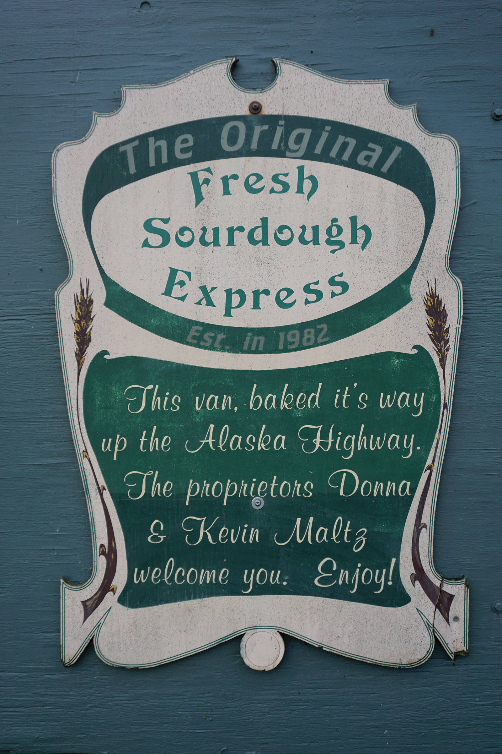 A sign on the original Fresh Sourdough Express Bakery and Cafe van as seen on Sept. 18, 2019, at its Ocean Drive location in Homer, Alaska. (Photo by Michael Armstrong/Homer News)