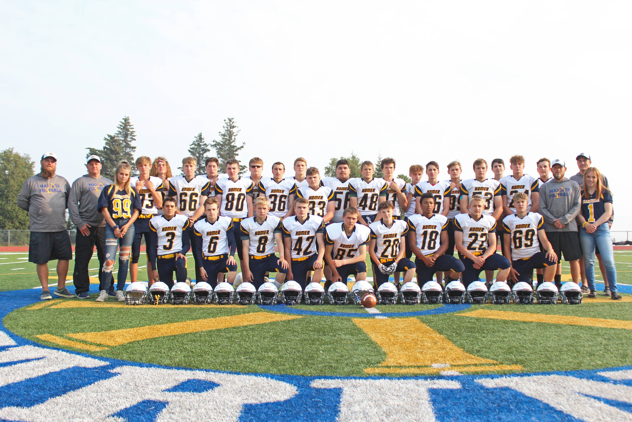 The varsity Homer football team poses for a photo on the Homer High School turf field on Thursday, Aug. 22, 2019 in Homer, Alaska. (Photo by Megan Pacer/Homer News)