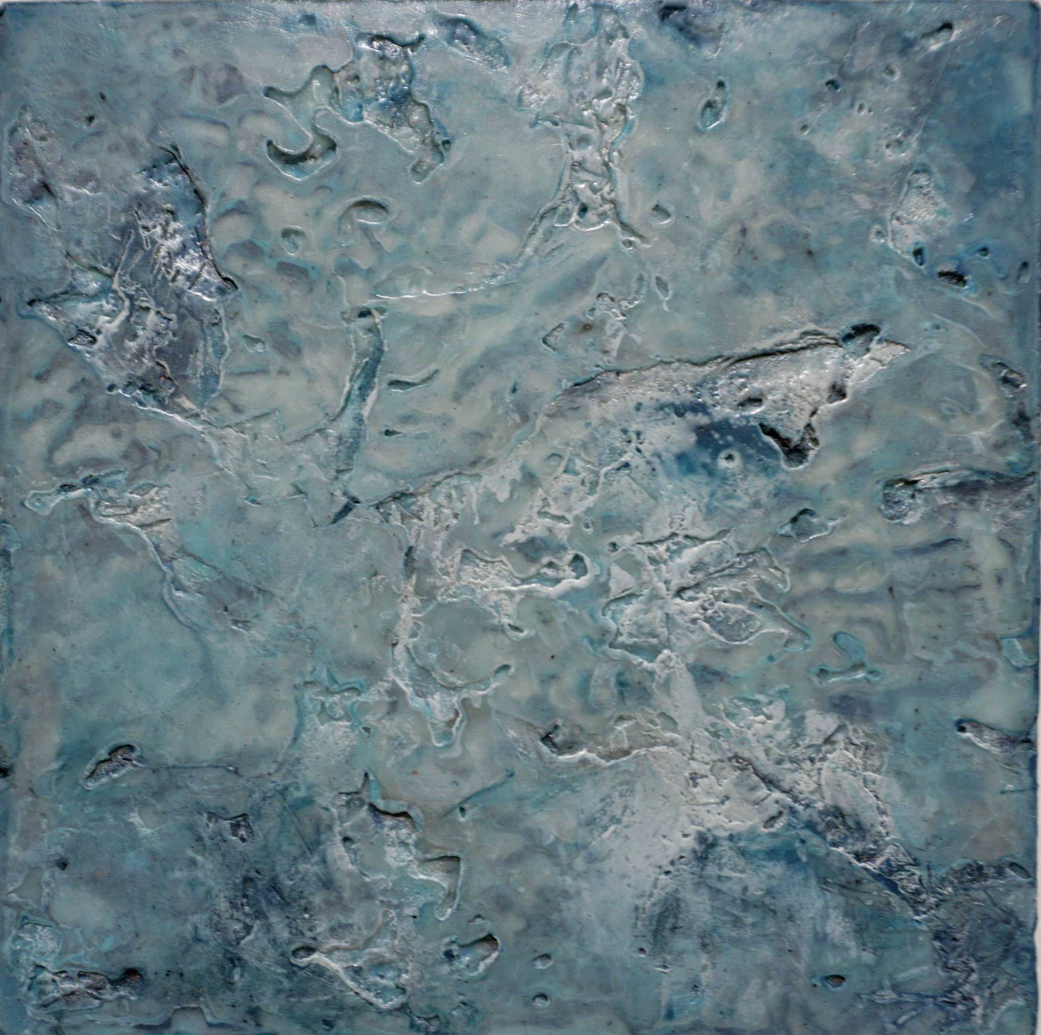 Kathy Smith’s “Glacier Ice,” an encaustic painting in her exhibit, “Rivers of Ice,” showing at the Pratt Museum in Homer, Alaska. (Photo by Michael Armstrong/Homer News)