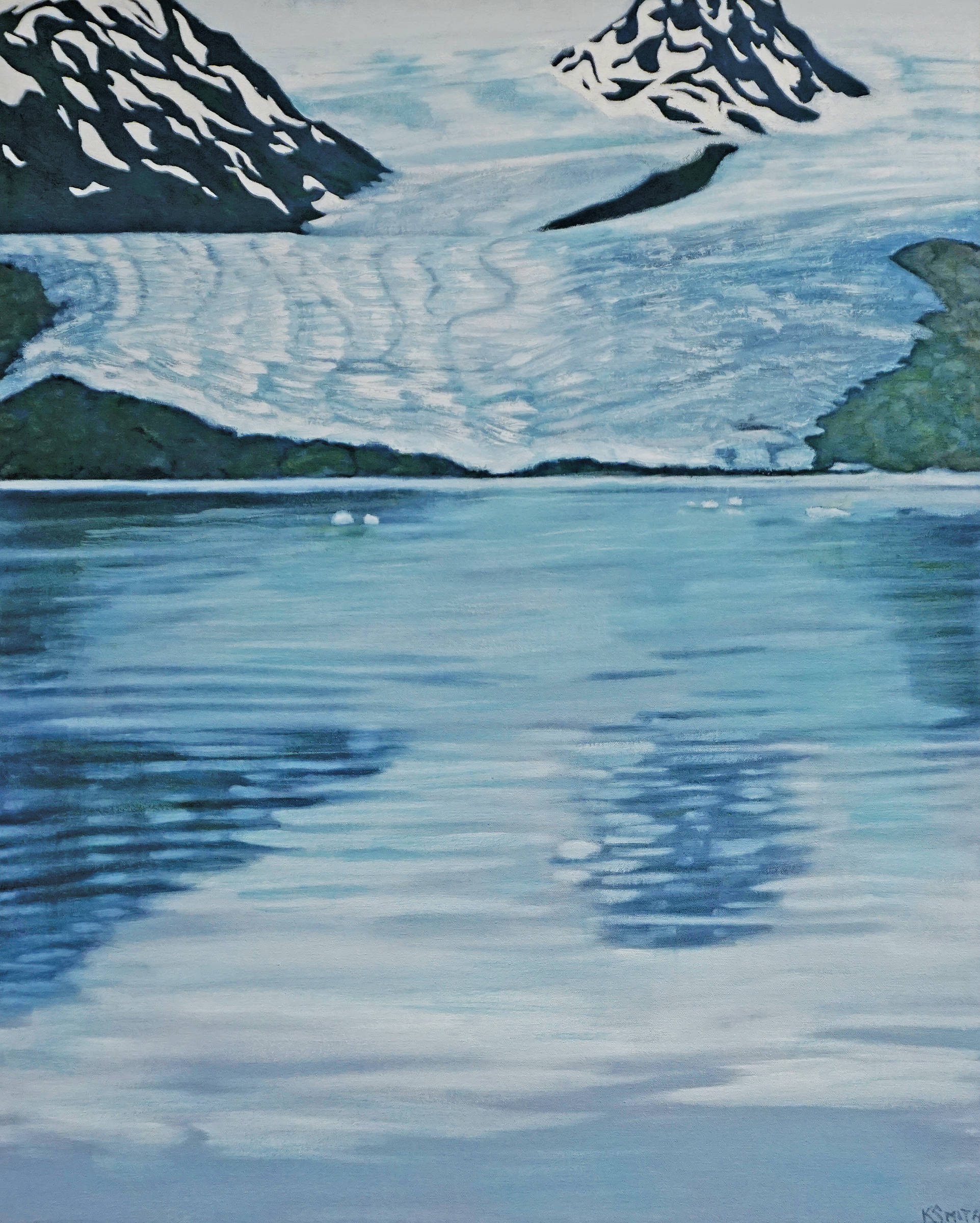 Kathy Smith’s “Grewingk Glacier Terminus,” a painting in her exhibit, “Rivers of Ice,” showing at the Pratt Museum in Homer, Alaska. (Photo by Michael Armstrong/Homer News)