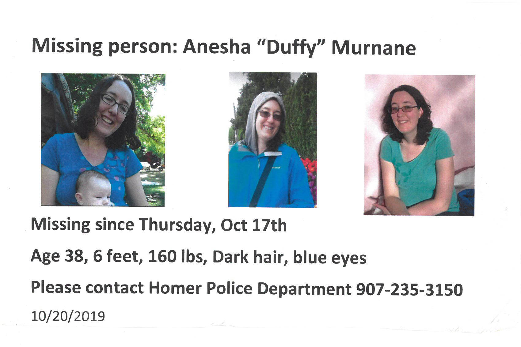 A missing person poster for Anesha “Duffy” Murnane put out on Oct. 20, 2019, by Homer Police in Homer, Alaska. (Image provided)
