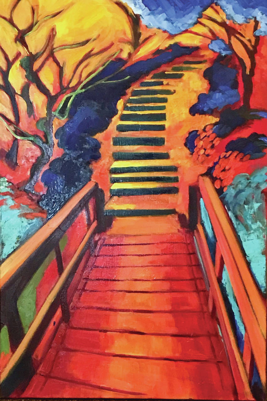 Drew Wimmerstedt’s painting of stairs is one of the paintings from a student art show opening on Friday, Nov. 1, 2019, at the Kachemak Bay Campus in Homer, Alaska. (Photo provided, Asia Freeman)