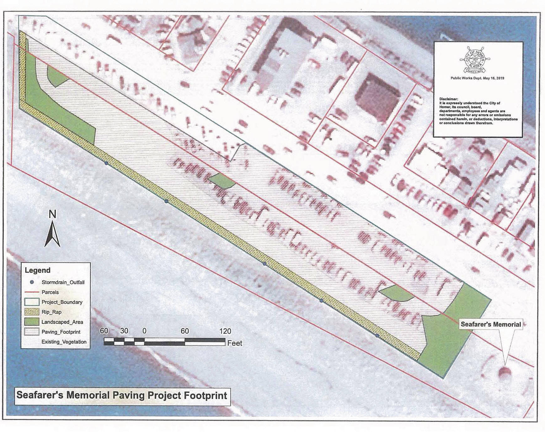 This overlay from an Oct. 2, 2019, Conditional Use Permit application shows the proposed Seafarers Memorial parking lot expansion superimposed on an aerial photo of the existing lot and beach. (Photo provided, City of Homer)