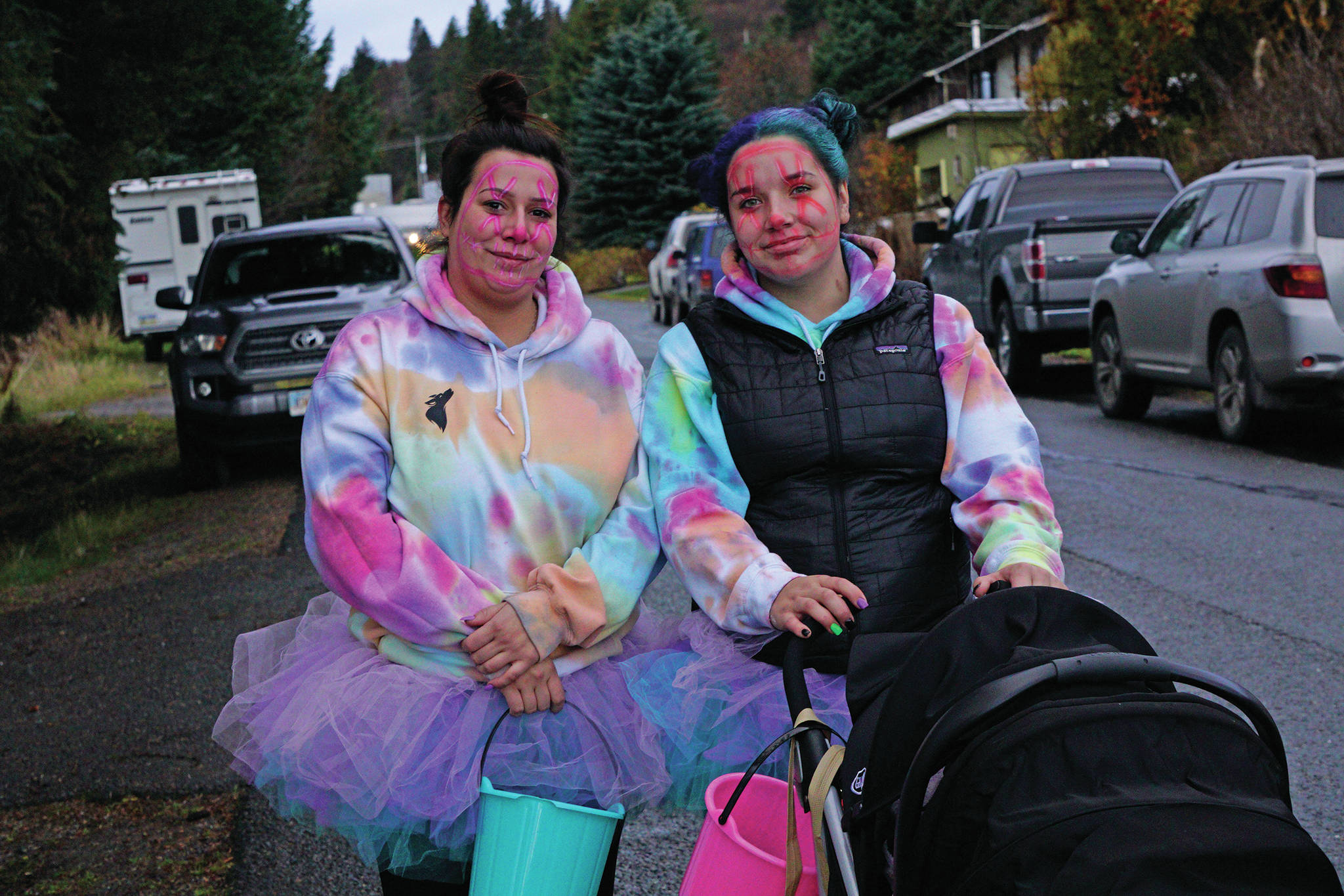 Kristi and Kylie Cortez were part of a group of Halloween trick-or-treaters walking down Bayview Avenue, on Oct. 31, 2019, in Homer, Alaska. Bayview Avenue and Mountainview Avenue were one-way for the night to minimize traffic. (Photo by Michael Armstrong/Homer News)