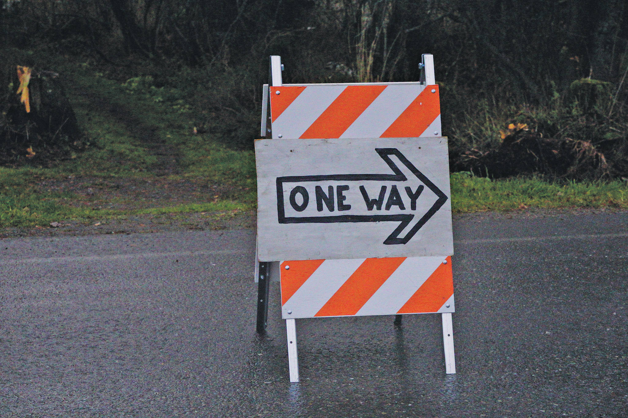 A one-way sign directs traffic on Bayview Avenue for Halloween on Oct. 31, 2019, in Homer, Alaska. To make trick-or-treating safer, Bayview and Mountainview Avenues were closed to one-way traffic from 5-8 p.m. (Photo by Michael Armstrong/Homer News)