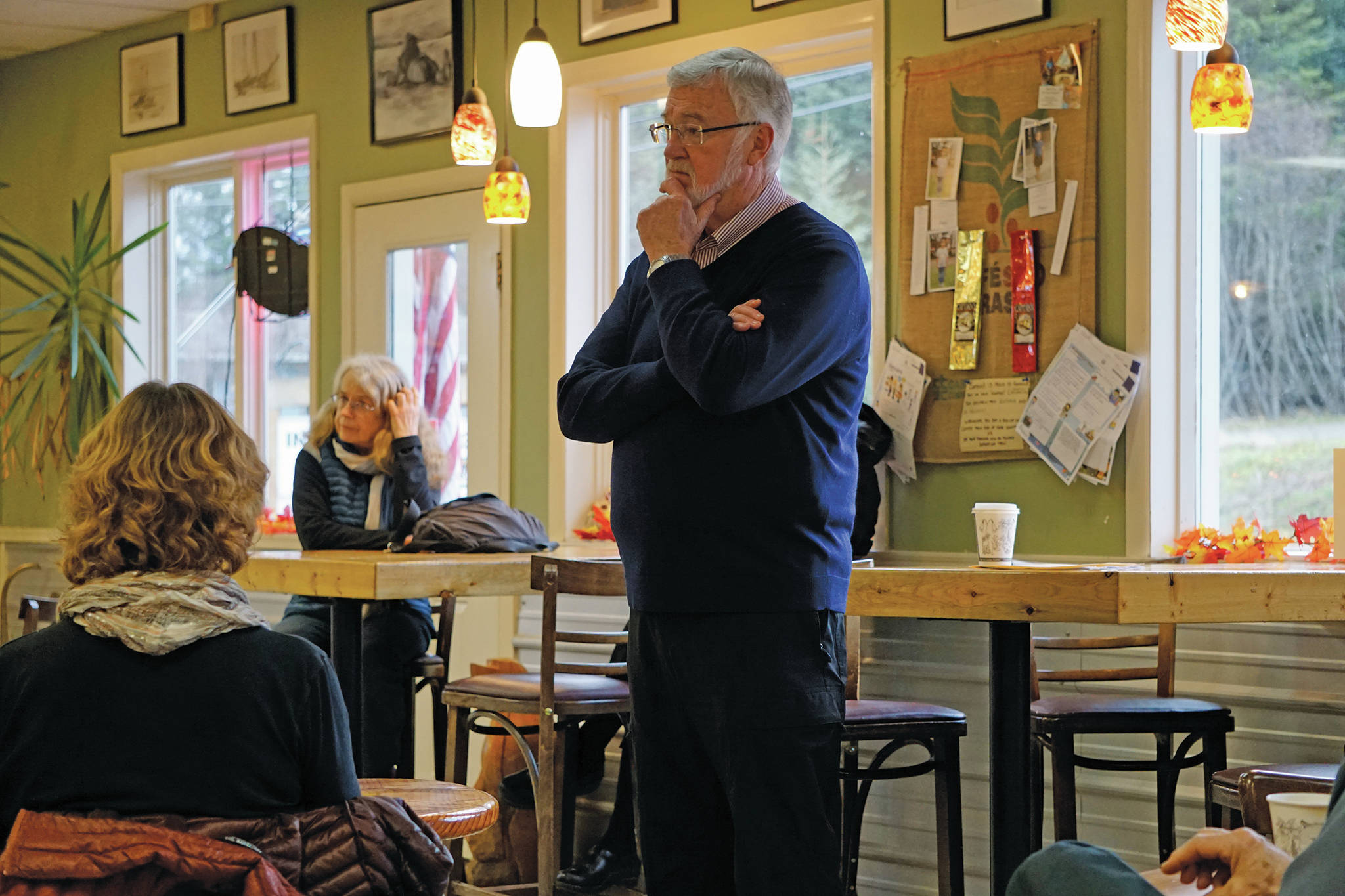 Sen. Gary Stevens, R-Kodiak, listens to a question during a town meeting on Saturday, Nov. 9, 2019, at Captain’s Coffee in Homer, Alaska. (Photo by Michael Armstrong/Homer News)