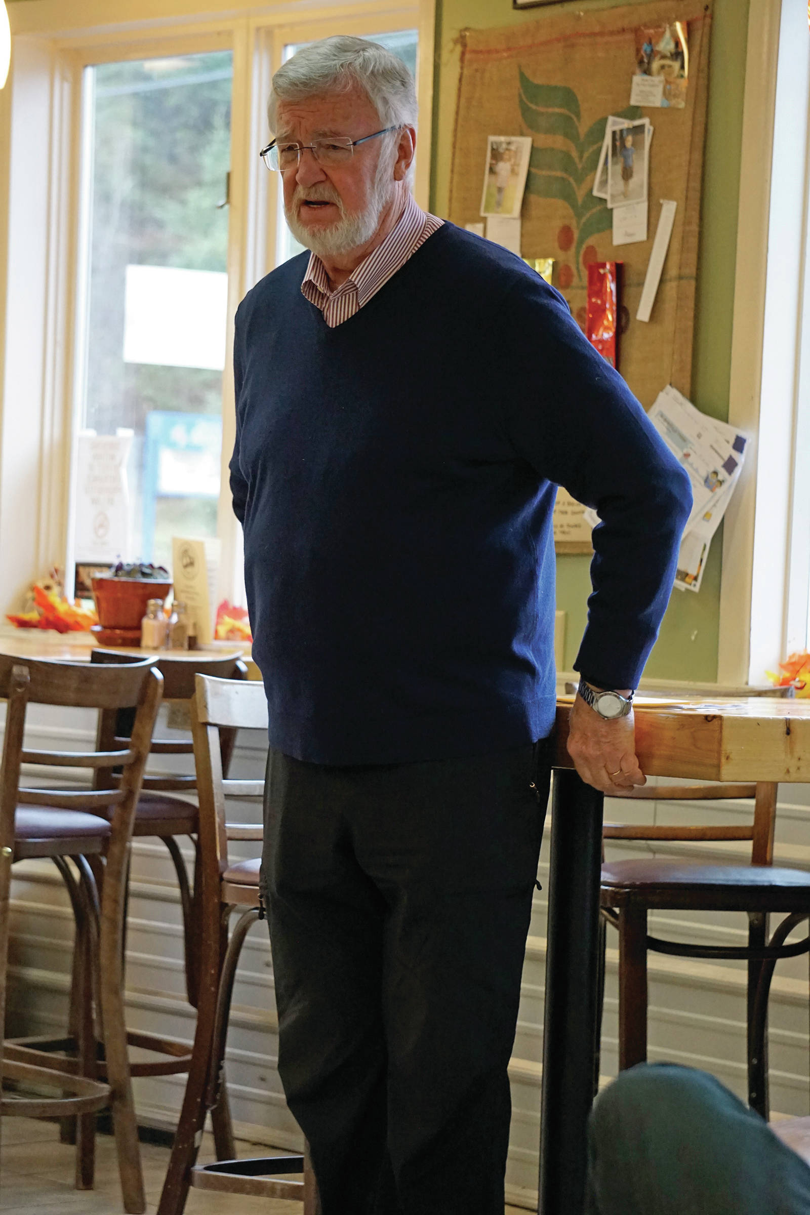 Sen. Gary Stevens, R-Kodiak, answers a question during a town meeting on Saturday, Nov. 9, 2019, at Captain’s Coffee in Homer, Alaska. (Photo by Michael Armstrong/Homer News)