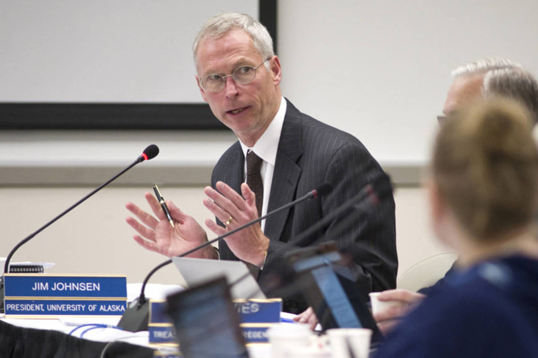 In this file photo from Sept. 15, 2016, University of Alaska President Jim Johnsen makes a presentation to the university’s Board of Regents at the University of Alaska Southeast Recreation Center. Johnsen and the UA board discussed tuition increases and budget concerns Friday. (Michael Penn | Juneau Empire File)