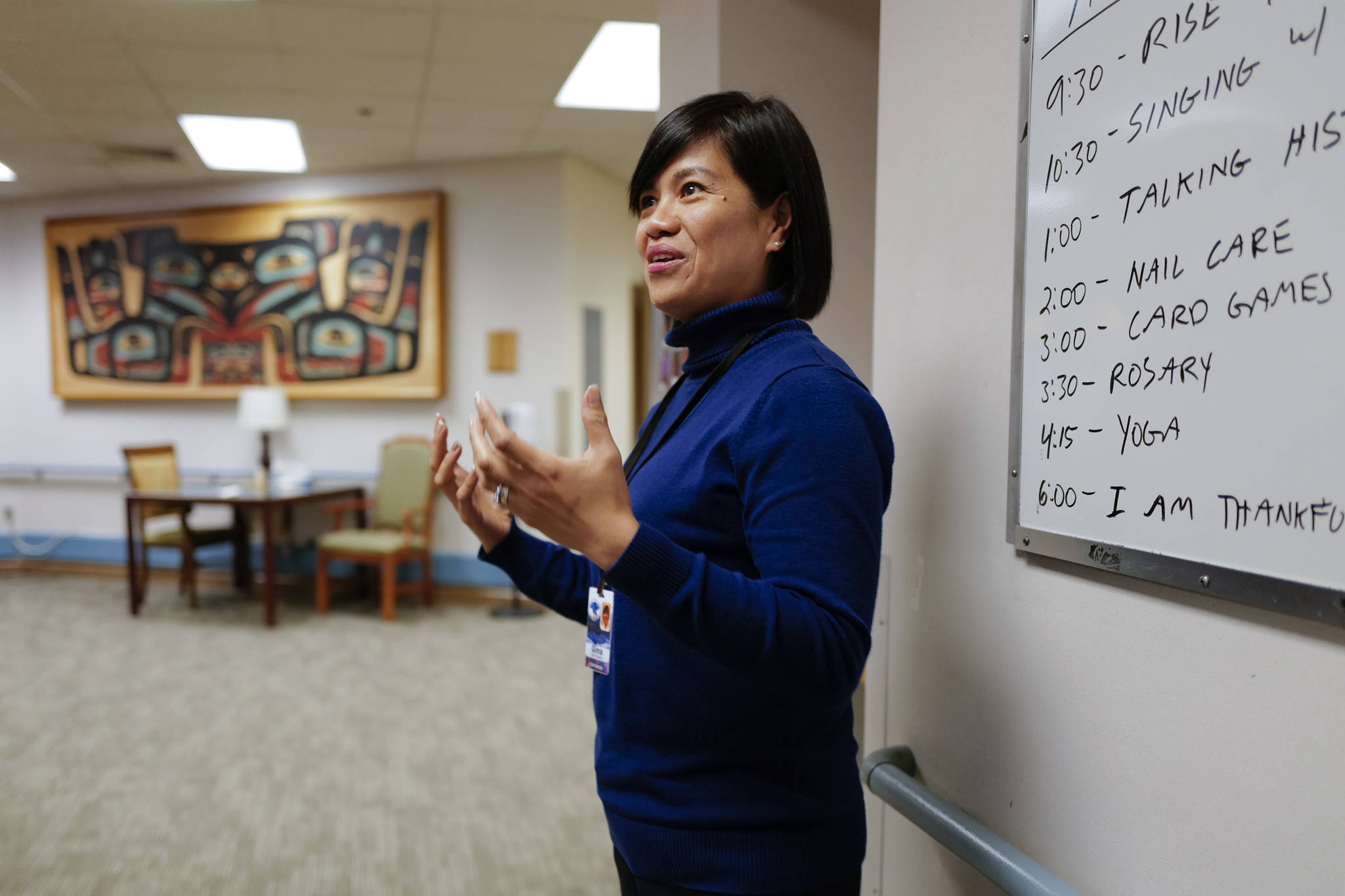 Juneau Pioneer Home Administrator Gina Del Rosario gives a tour of the Juneau Pioneer Home on Thursday, Nov. 14, 2019. (Michael Penn | Juneau Empire)