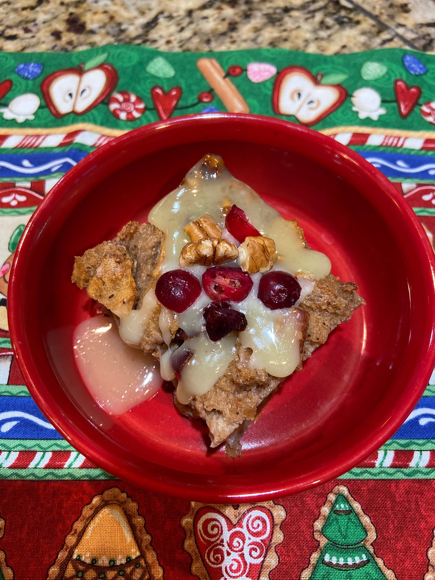 Cranberry amaretto bread pudding can be a festive way to end a holiday meal. Teri Robl made this recipe on Nov. 26, 2019, in her Homer, Alaska, kitchen. (Photo by Teri Robl)