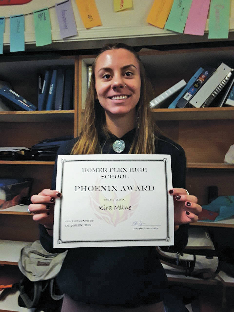 Sophomore Kira Milne, pictured in this undated photo at Homer Flex School in Homer, Alaska, is the most recent recipient of the Flex Phoenix Award. (Photo courtesy Ingrid Harrald)
