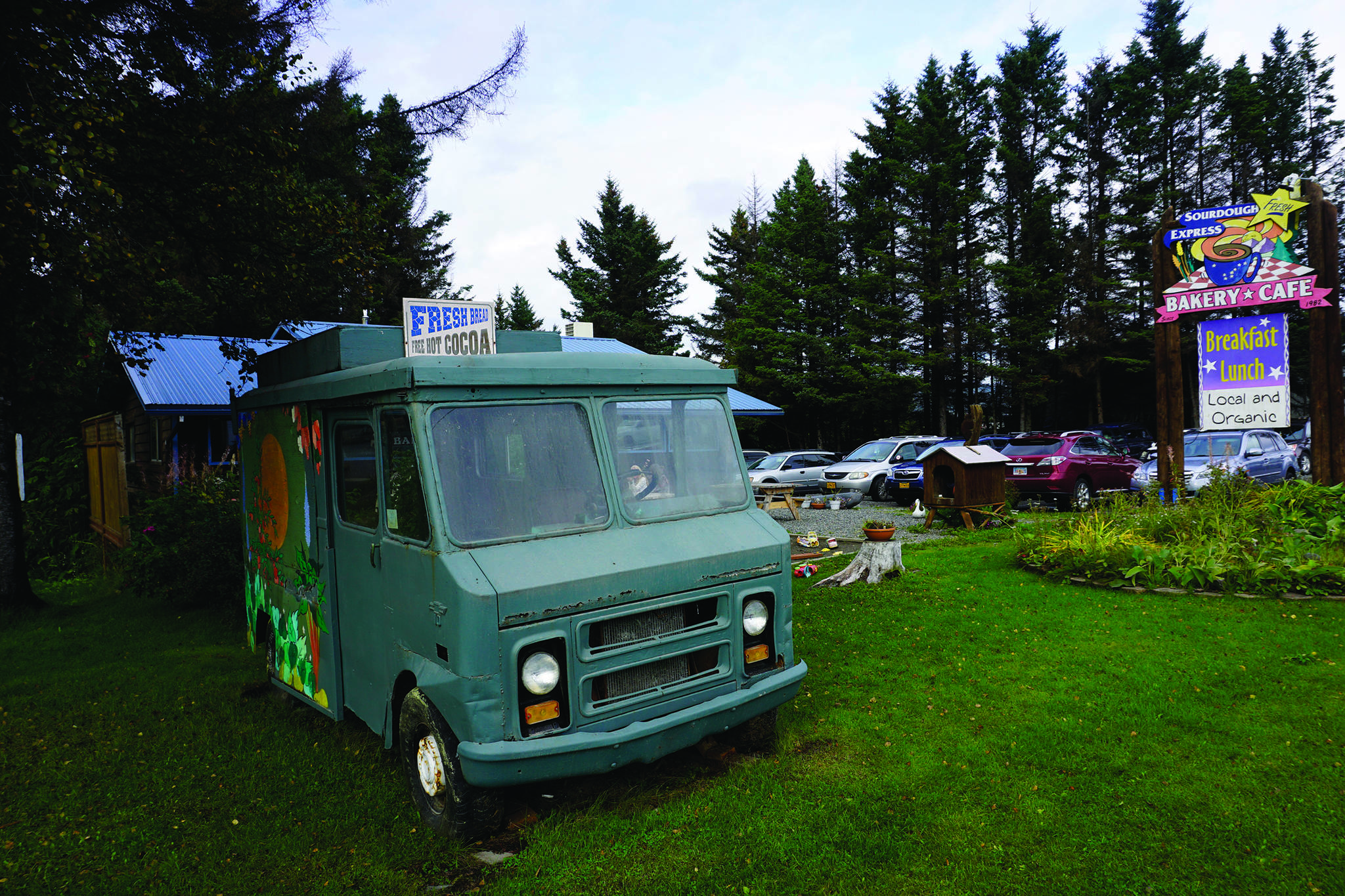 The original van of the Fresh Sourdough Express Bakery and Cafe marks the business’ origins. The landmark business closed last month in Homer, Alaska. (Photo by Michael Armstrong/Homer News)