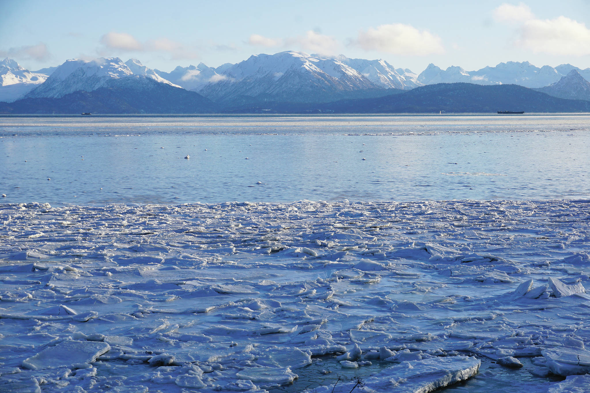 Ice pans cover the shore on Jan. 7, 2020, at a Kachemak Drive beach near Miller’s Landing in Homer, Alaska. (Photo by Michael Armstrong/Homer News)