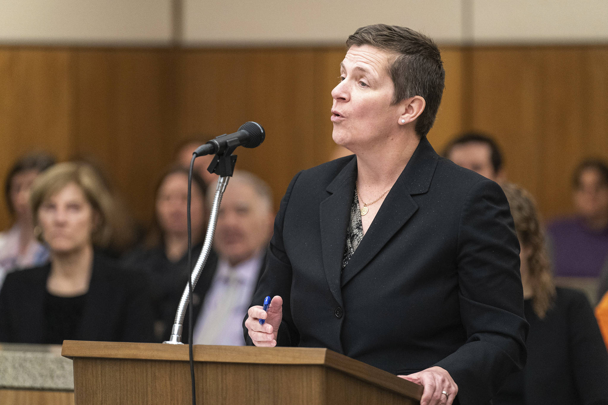 Assistant Attorney General Margaret Paton-Walsh argues on behalf of the Alaska Division of Elections Friday. (Loren Holmes | Anchorage Daily News via AP)