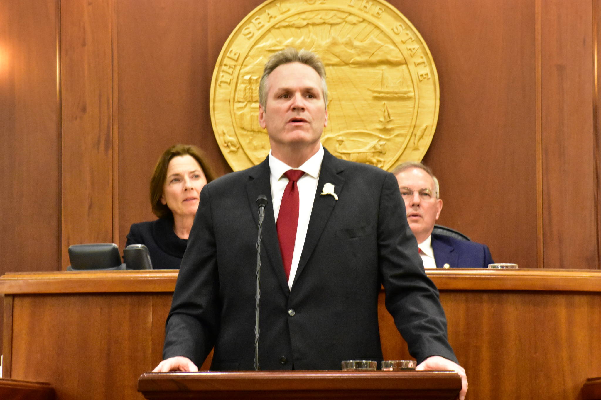 Gov. Mike Dunleavy give his State of the State address to a joint session of the Alaska Legislature on Monday, Jan. 27, 2020 in Juneau, Alaska. (Photo by Peter Segall/Juneau Empire)