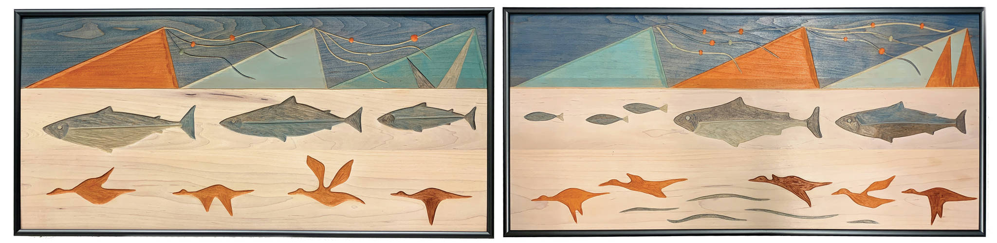 Ron Senungetuk’s “Nahzvaliq” is part of the Pratt Museum’s permanent collection. It was a Pratt Museum Juried Art Show Purchase, Award for 2001. Of his work, he wrote, “A place with lakes, portrays birds skimming and fish swimming. In spring lack of sleep may cause one to imagine mountains as something else. The setting for this work is Bering Strait, a splendid route for migration of fish, birds and animals.” (Photo courtesy of Pratt Museum)