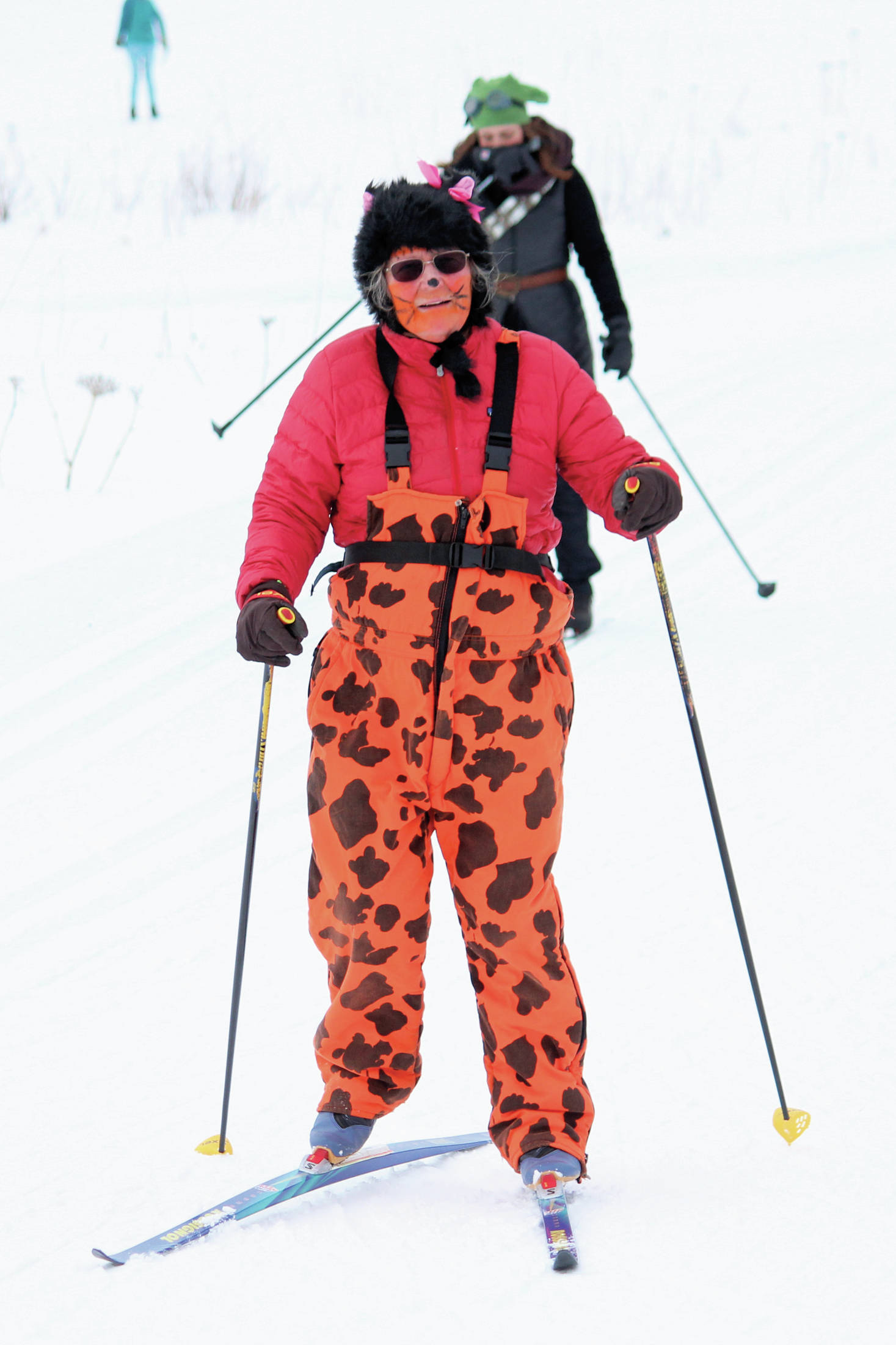 A skier dressed as a tiger makes her way up a hill during this year’s Ski for Women on Sunday, Feb. 2, 2020 at the Lookout Trails on Ohlson Mountain Road near Homer, Alaska. (Photo by Megan Pacer/Homer News)