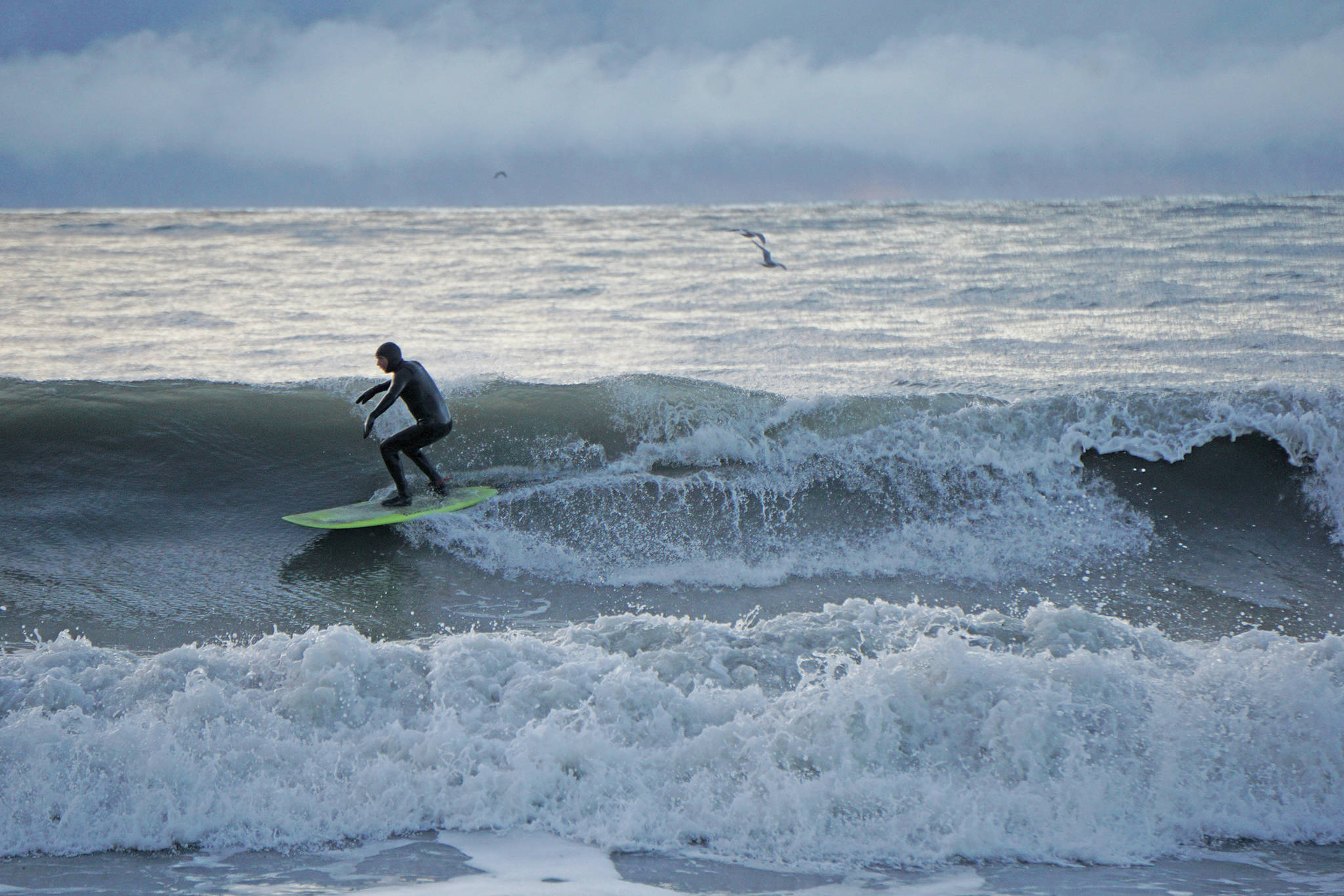 A man surfs off the Homer Spit on Thursday afternoon, Jan. 30, 2020, in Homer, Alaska. (Photo by MIchael Armstrong/Homer News)