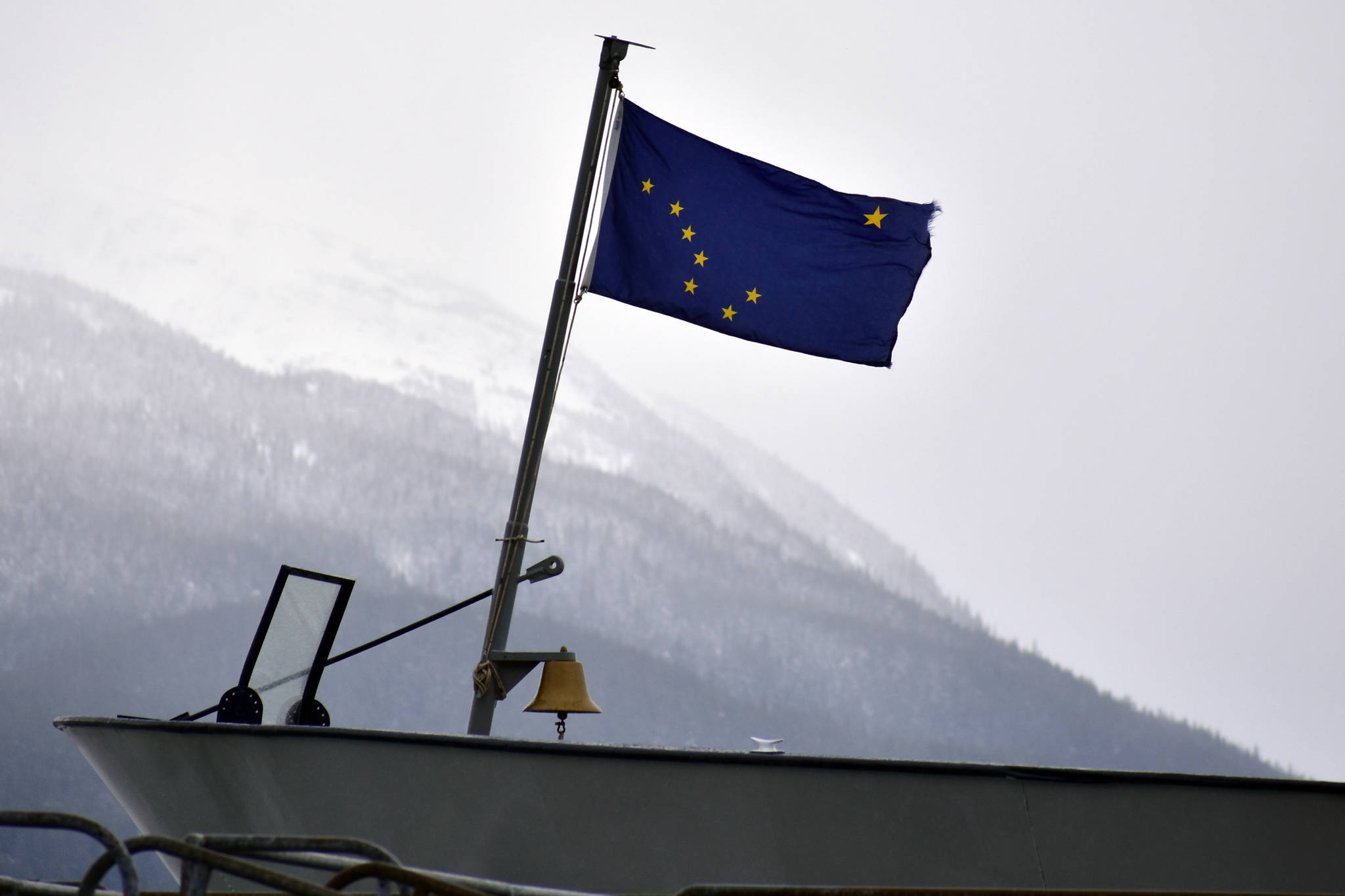 photos by Peter Segall | Juneau Empire                                The Alaska state flag flies from on the bow of the MV Matanuska at the Auke Bay Ferry Terminal on Thursday.